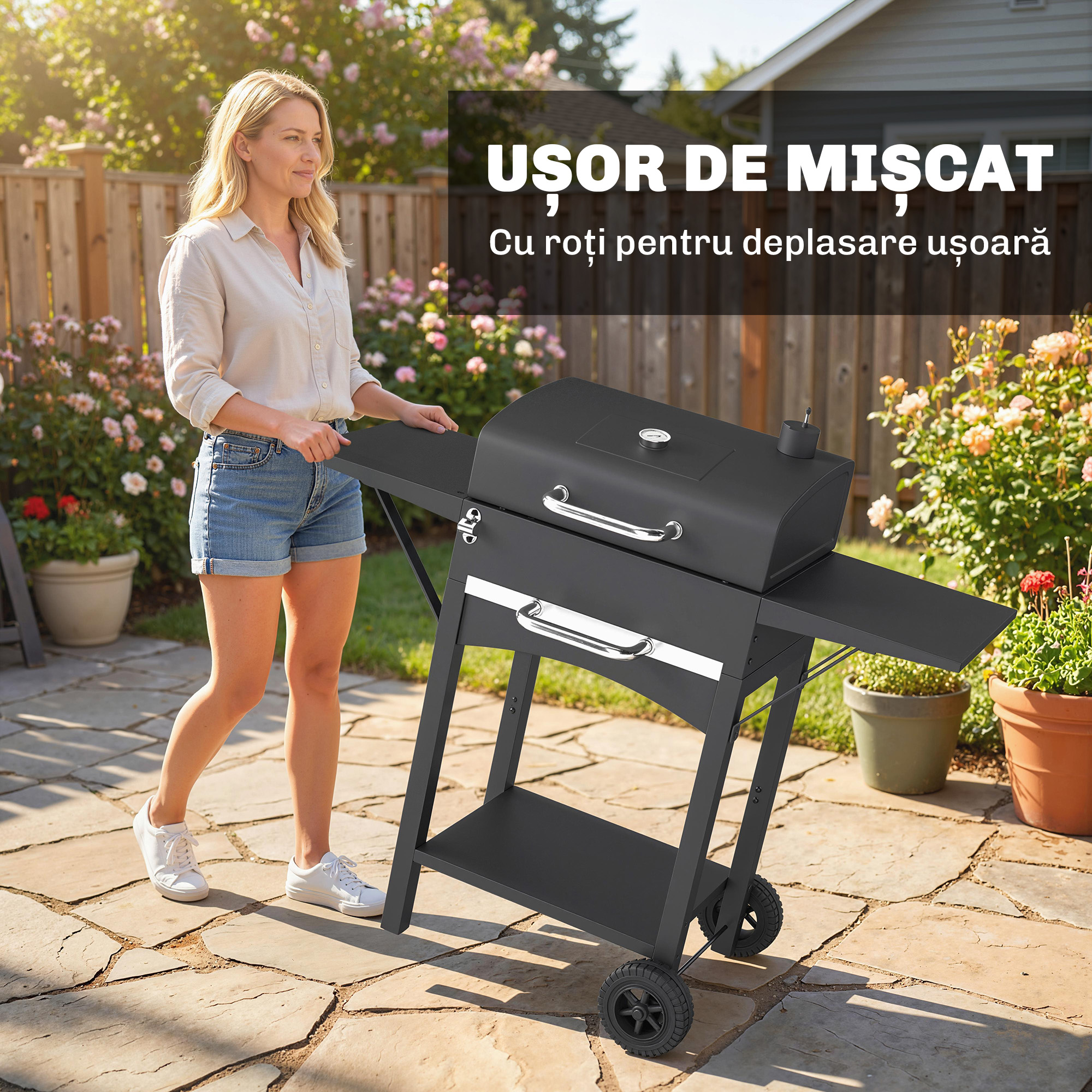  Gratar cu Carbuni, cu 2 Rafturi Laterale, Termometru, Capac si Roti, 110x46.5x101 cm, Negru [6]