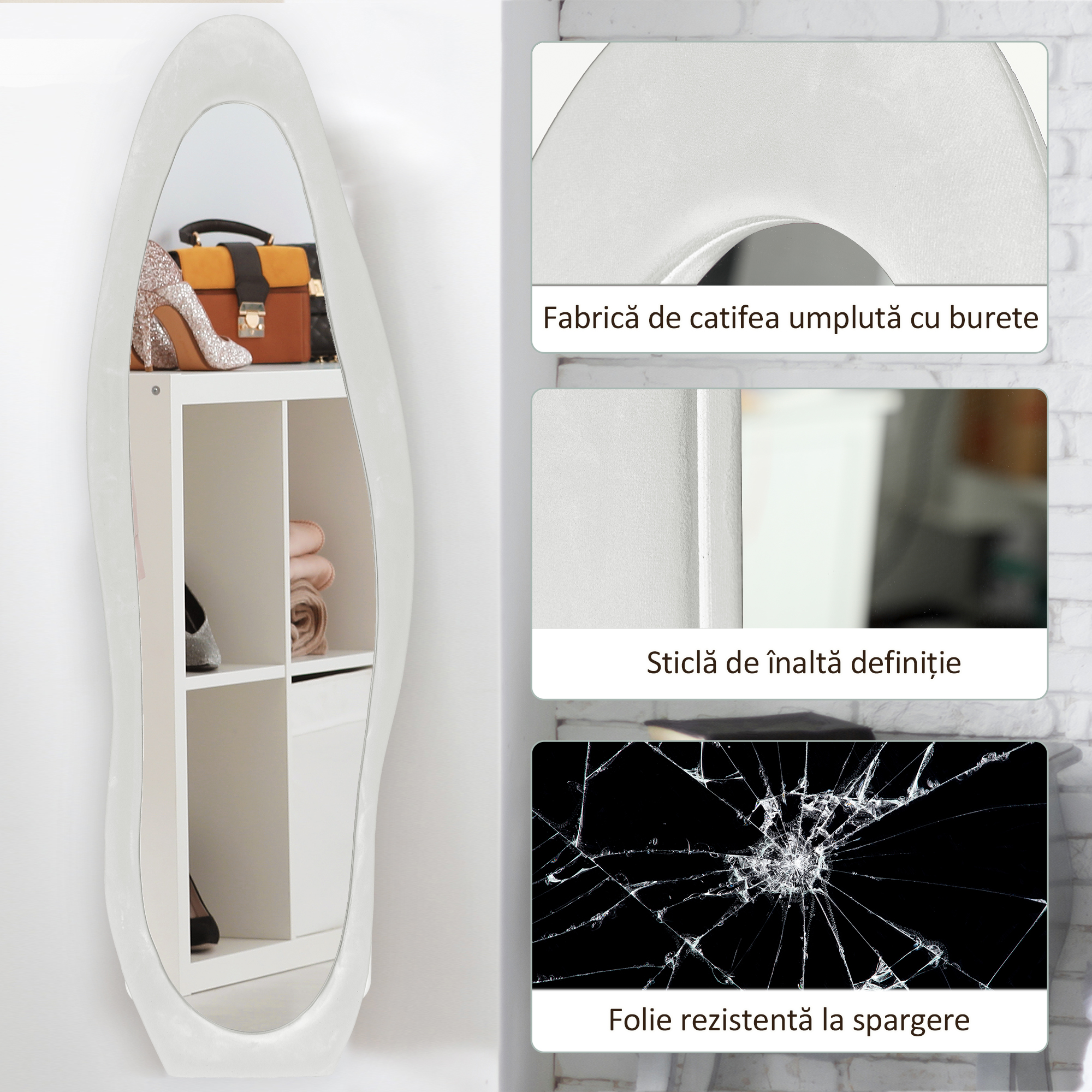  Oglinda de dimensiuni mari cu rama ondulata din catifea, oglinda de podea si de perete, 160x50 cm, alba [4]