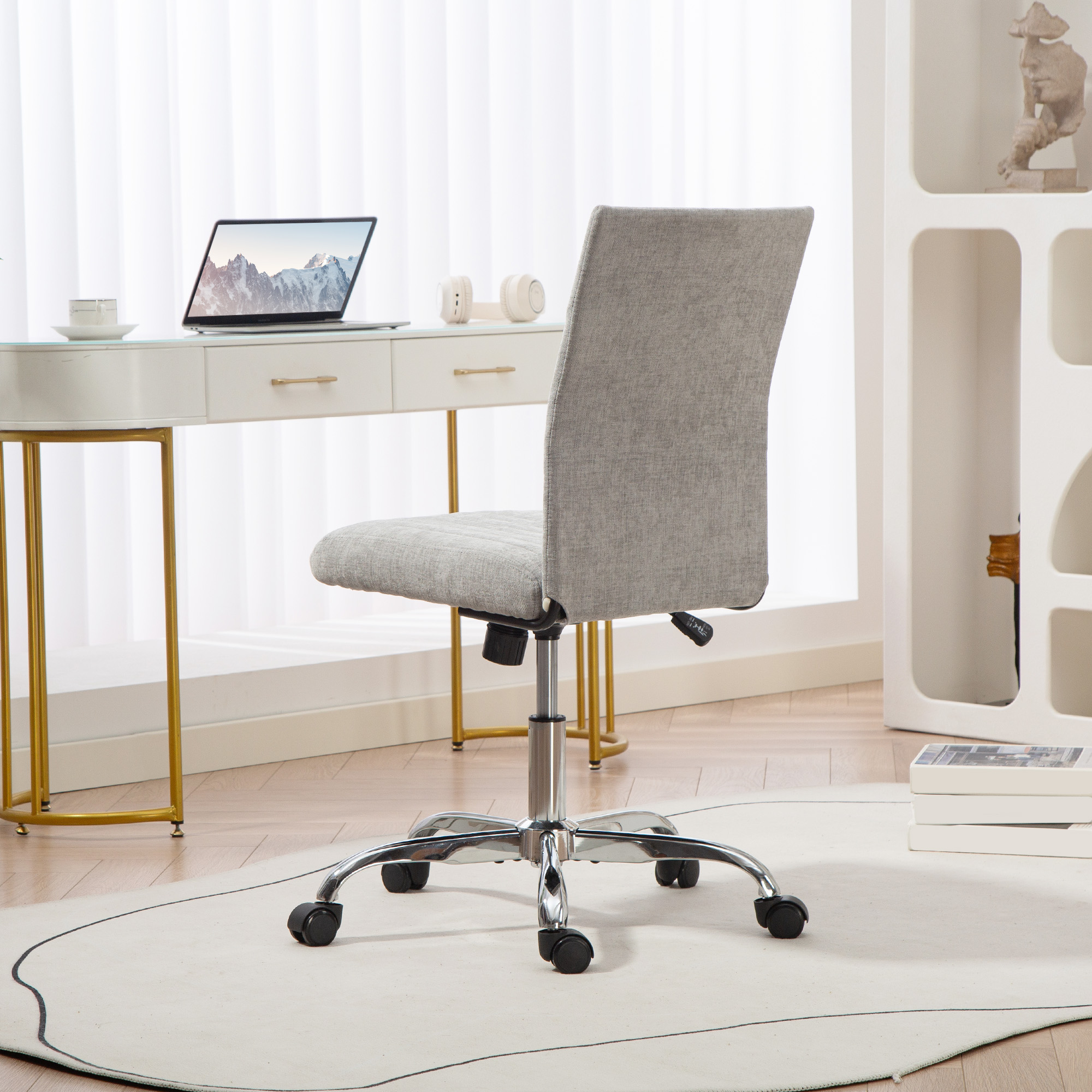  Scaun de Birou fara Brate, cu inaltime Reglabila si sezut Rotativ, Tapiterie din Material Textil, Gri [8]