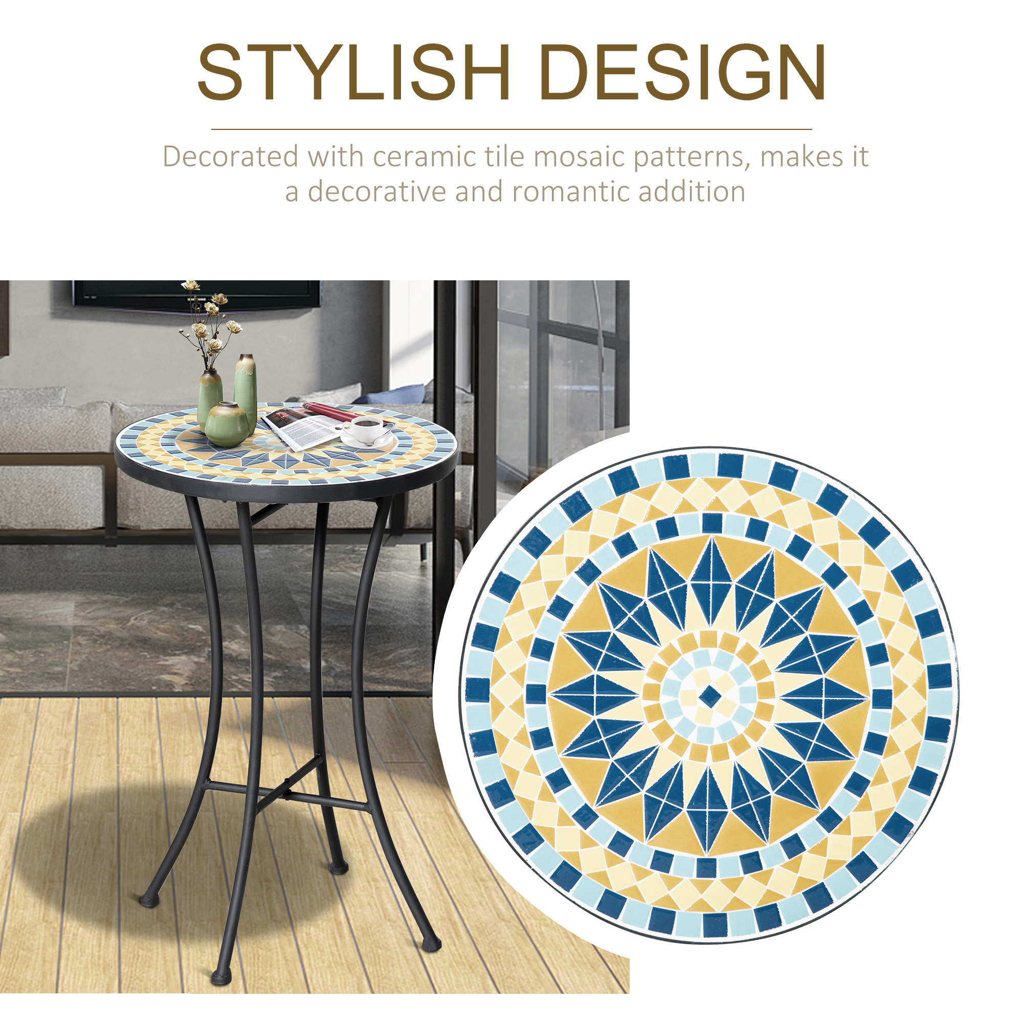  Masuta de Gradina din Metal cu Blat din Mozaic Ceramic, Ф35.5x53.5cm, Multicolor [5]