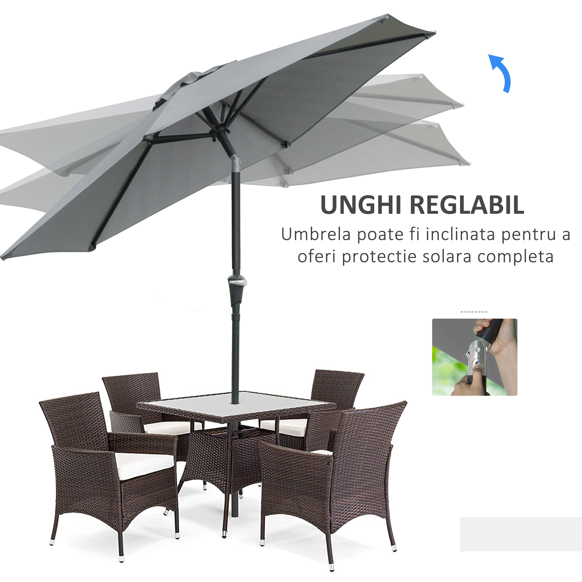  Umbrela de gradina inclinabila, 2.3x2m, cu deschidere cu manivela si 6 spite, gri [4]
