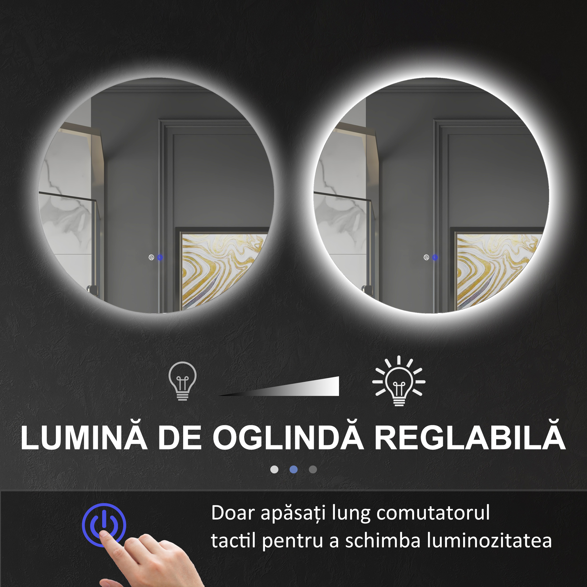  Oglinda de Baie Rotunda cu Lumina LED in 3 Culori si intrerupatoare Touch, Ø70x3.5 cm, Transparent [4]