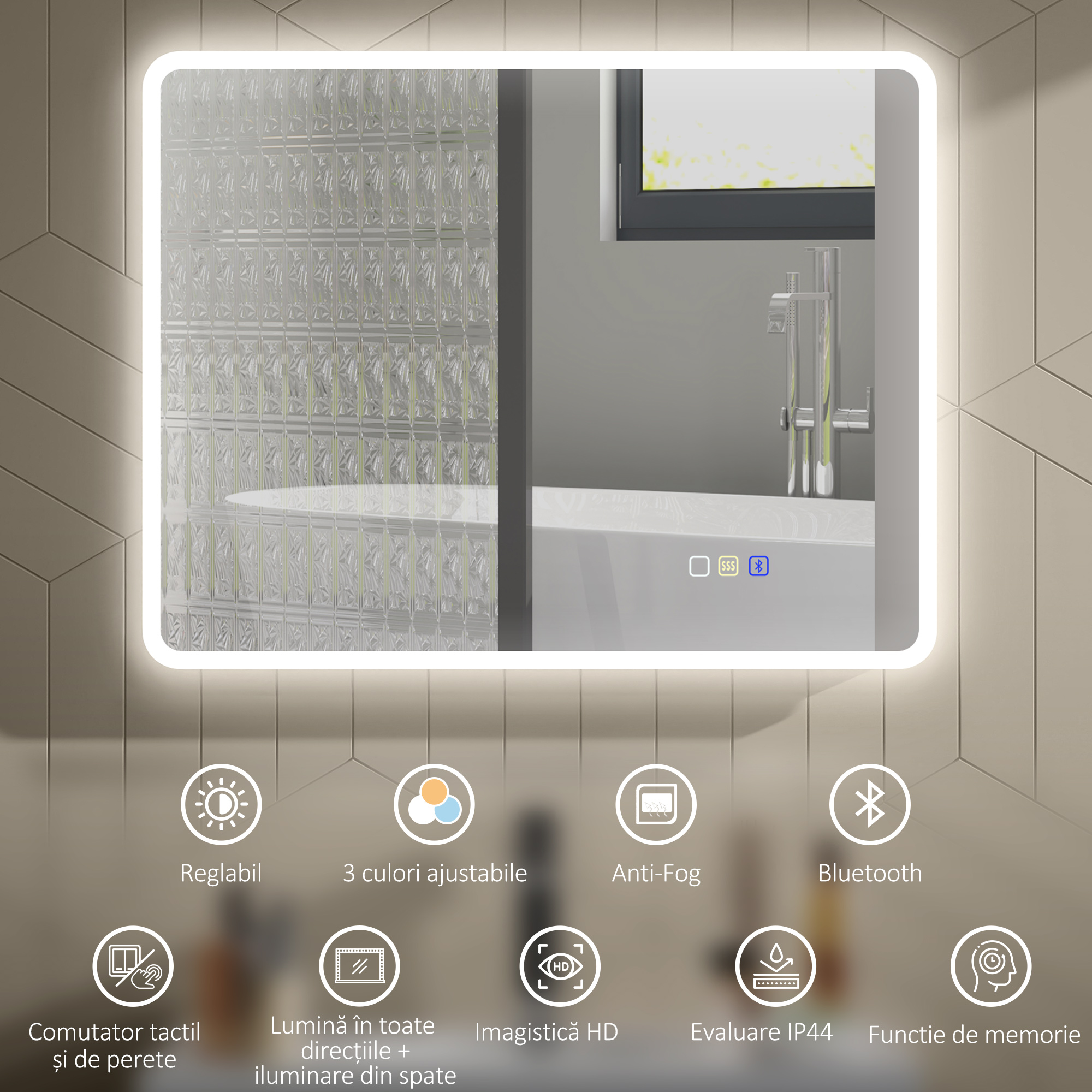  Oglinda de baie LED bluetooth 70 x 90 cm interruptor tactil lumina reglabila 3 culori anti-abur memorie argintiu [3]