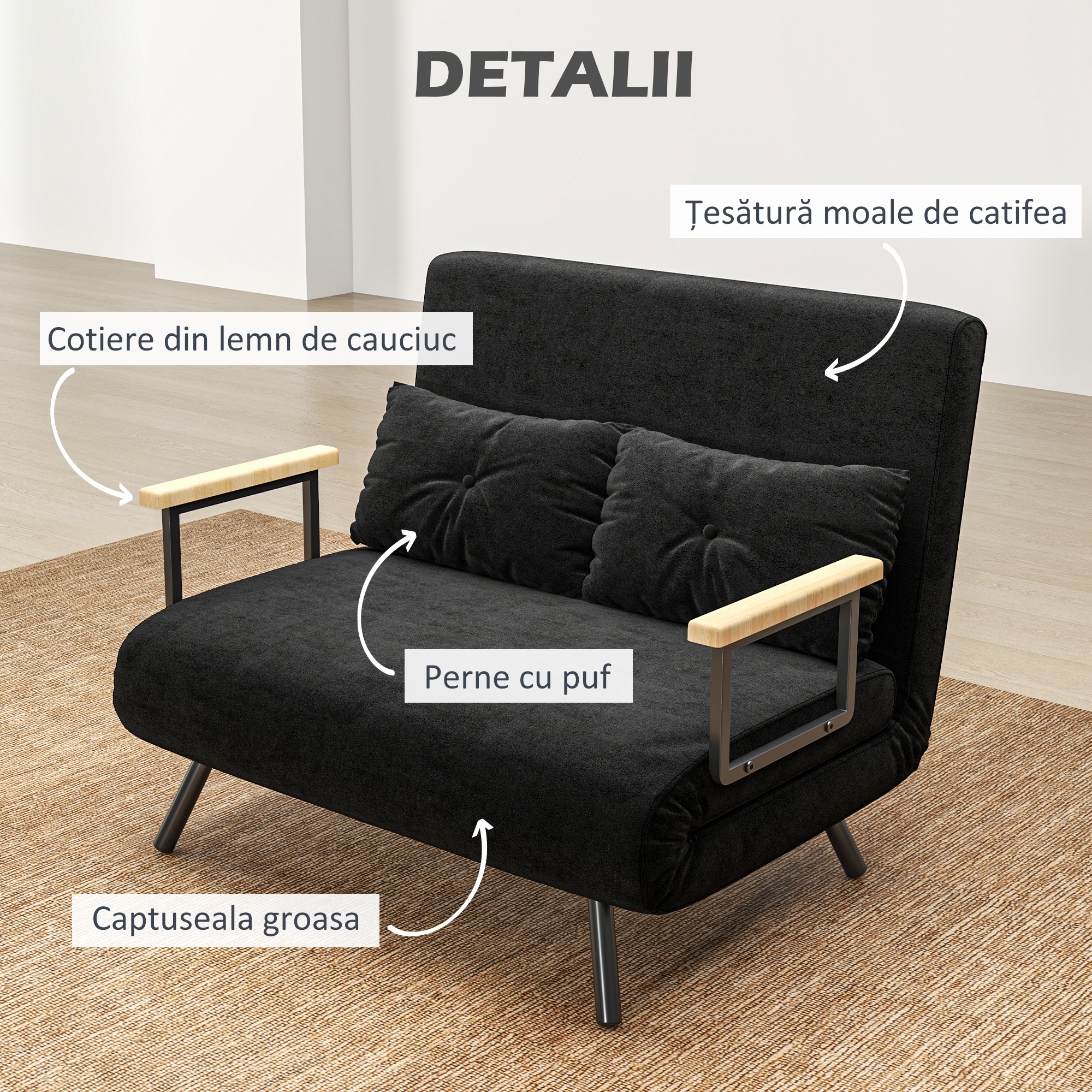  Canapea extensibila 3 in 1 din material cu efect de catifea, cu spatar reglabil si 2 perne, 102x73x81 cm, negru [5]