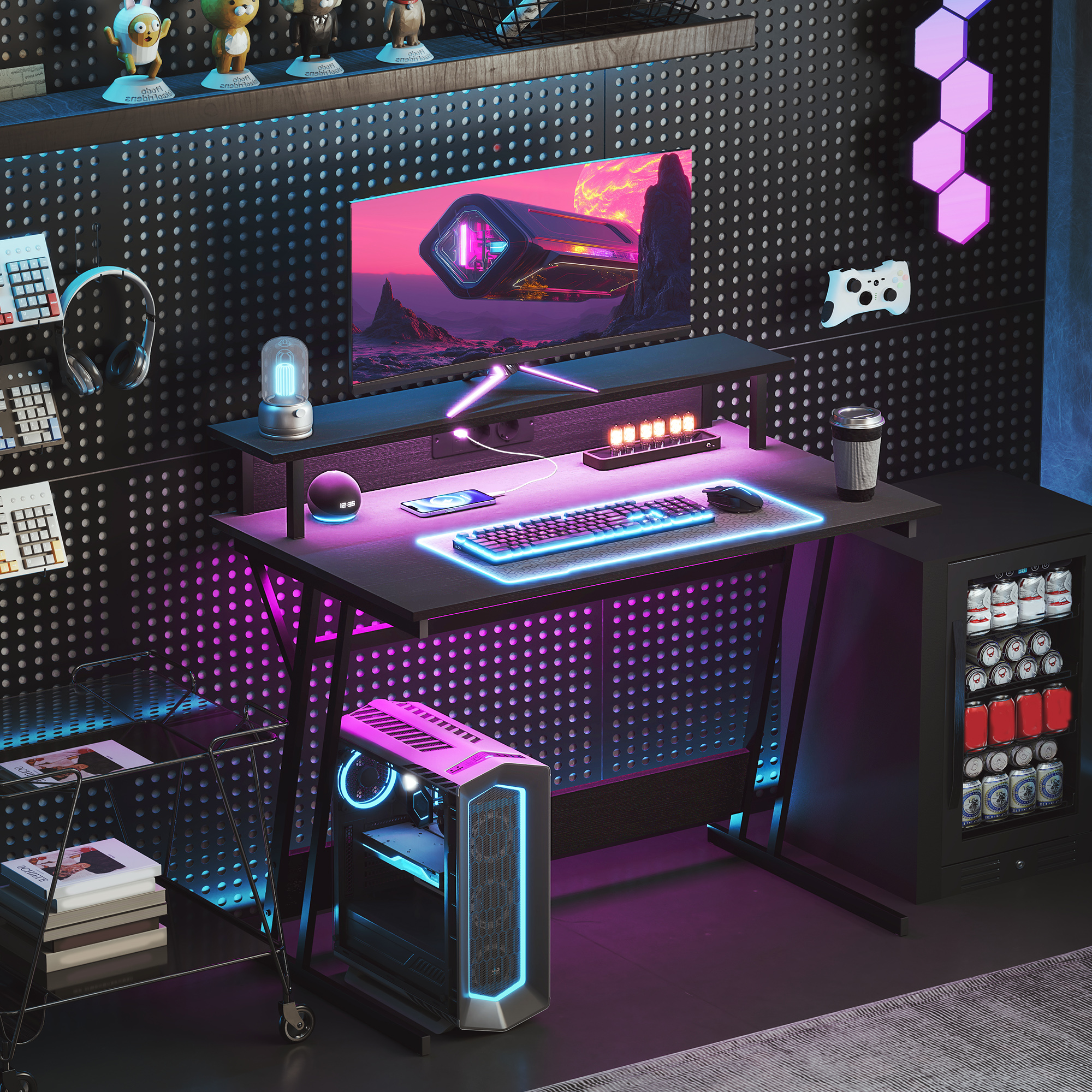  Birou Gaming cu Lumini LED si Suport pentru Monitor, din PAL si Otel, 100x60x88.5 cm, Negru [1]