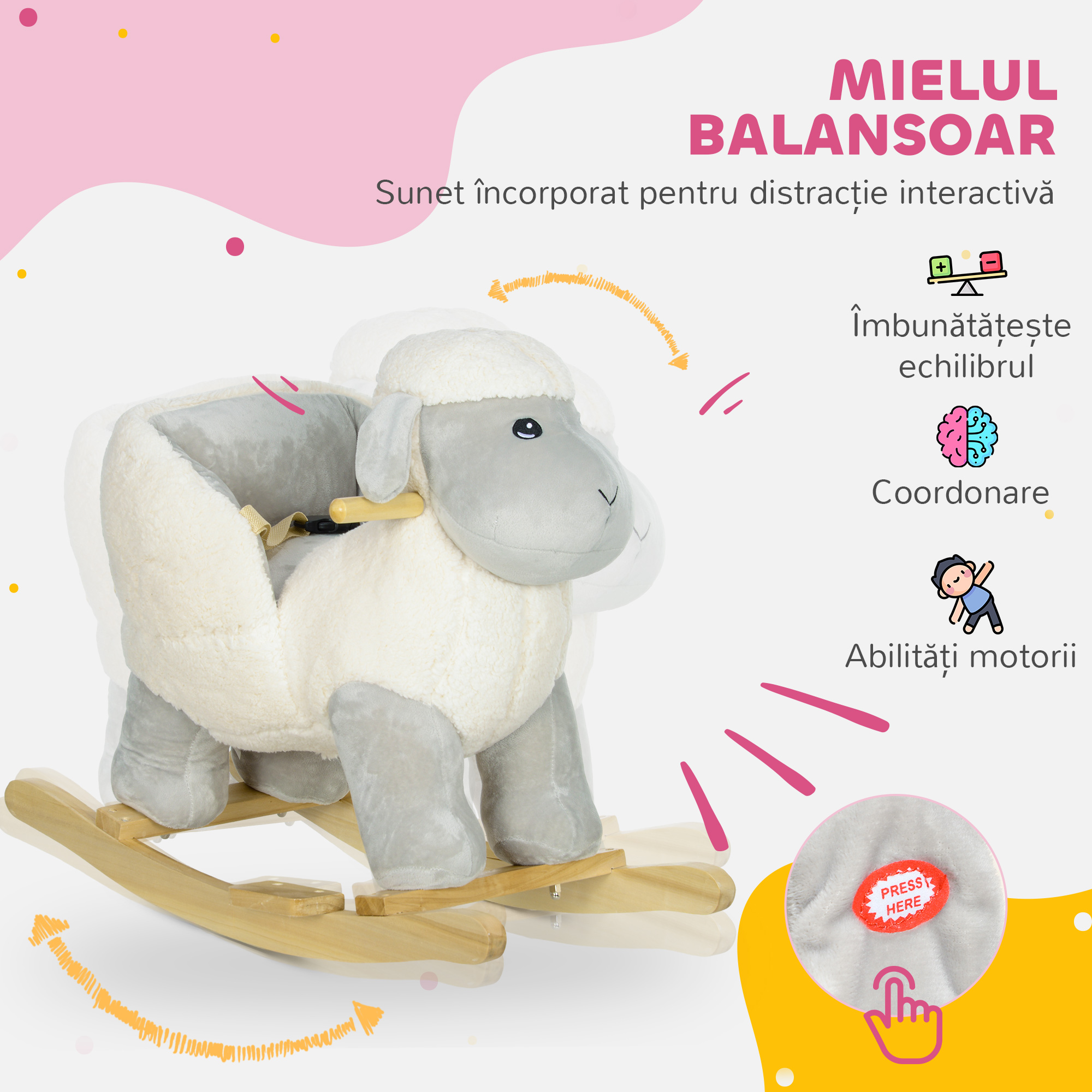  Oaia balansoar pentru copii 18-36 luni, cu sunete si material moale, gri [3]