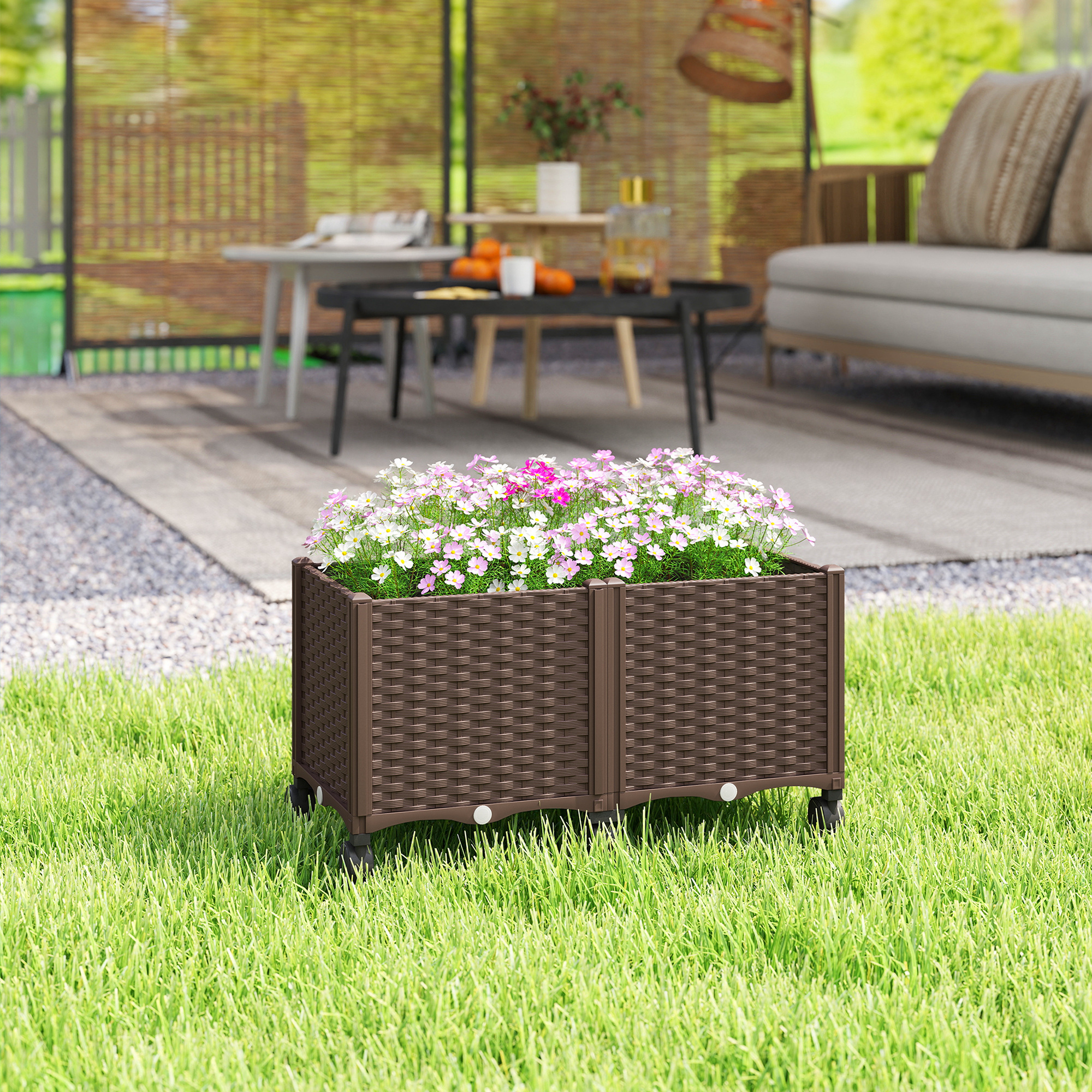  Ghiveci inaltat din Plastic 85L, Ghiveci de Gradina Mobil cu Roti Blocate, Sistem de Autoirigare si Drenaj, Ideal pentru Plante Aromatice, Legume si Flori, Maro [1]