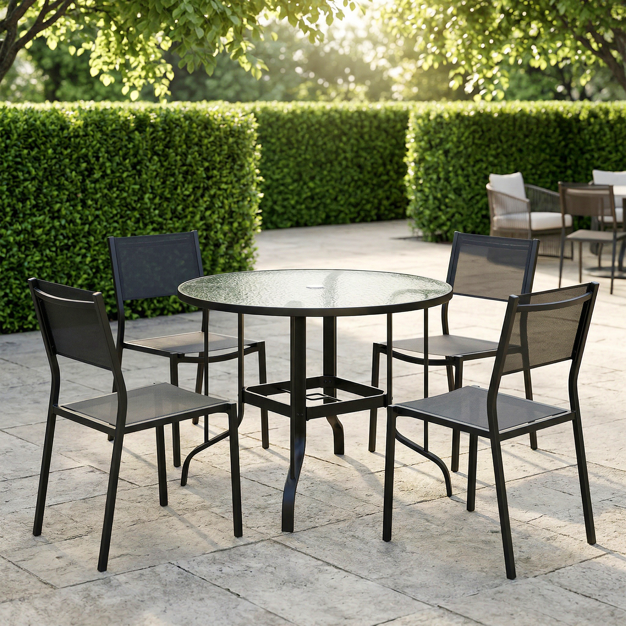  Masa de Gradina Rotunda cu Orificiu pentru Umbrela, din Metal si Sticla Temperata, Ø96,5x71 cm, Neagra [6]