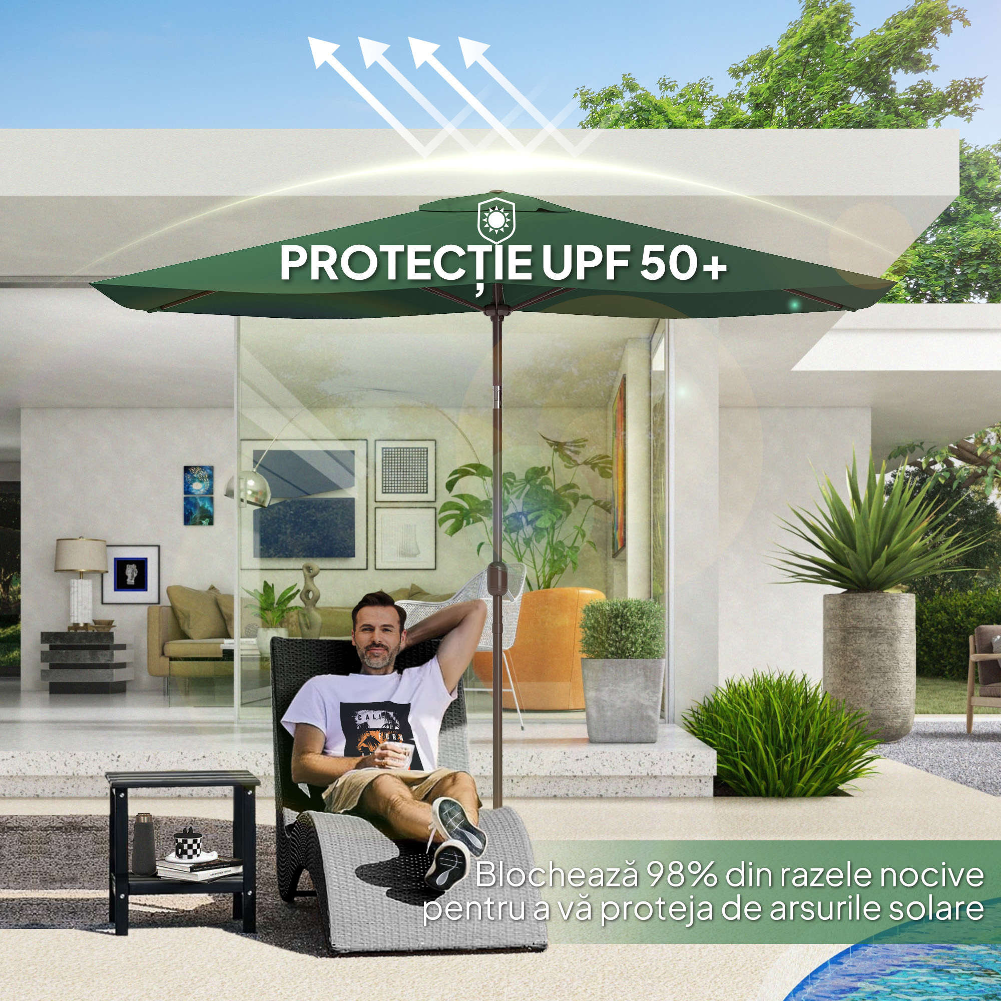  Panza de Schimb pentru Umbrela Dreptunghiulara 3x2 m cu 6 Spite, Poliester Anti-UV 50+, Verde [5]