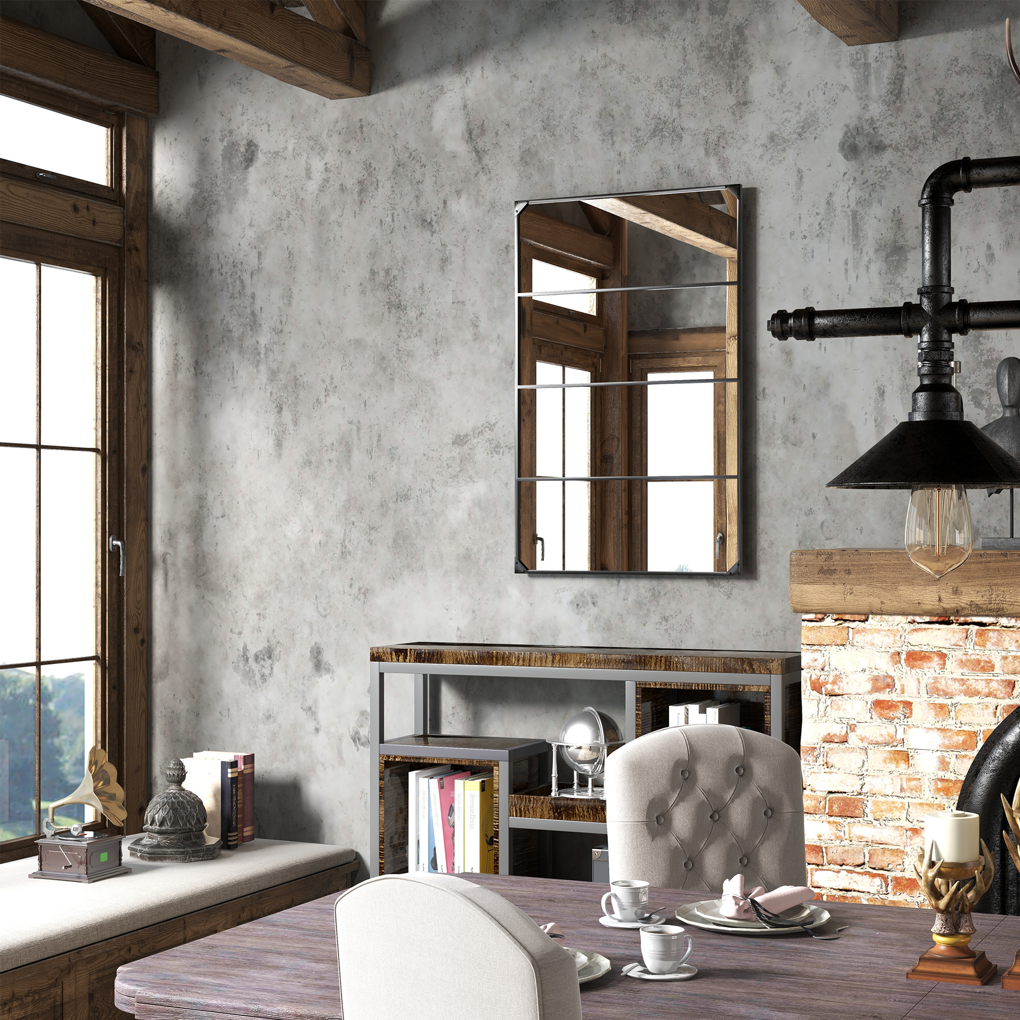  Oglinda Industriala de Perete, Oglinda Dreptunghiulara cu Rama Metalica, Oglinda Decorativa, 109x2x69 cm, Negru [6]