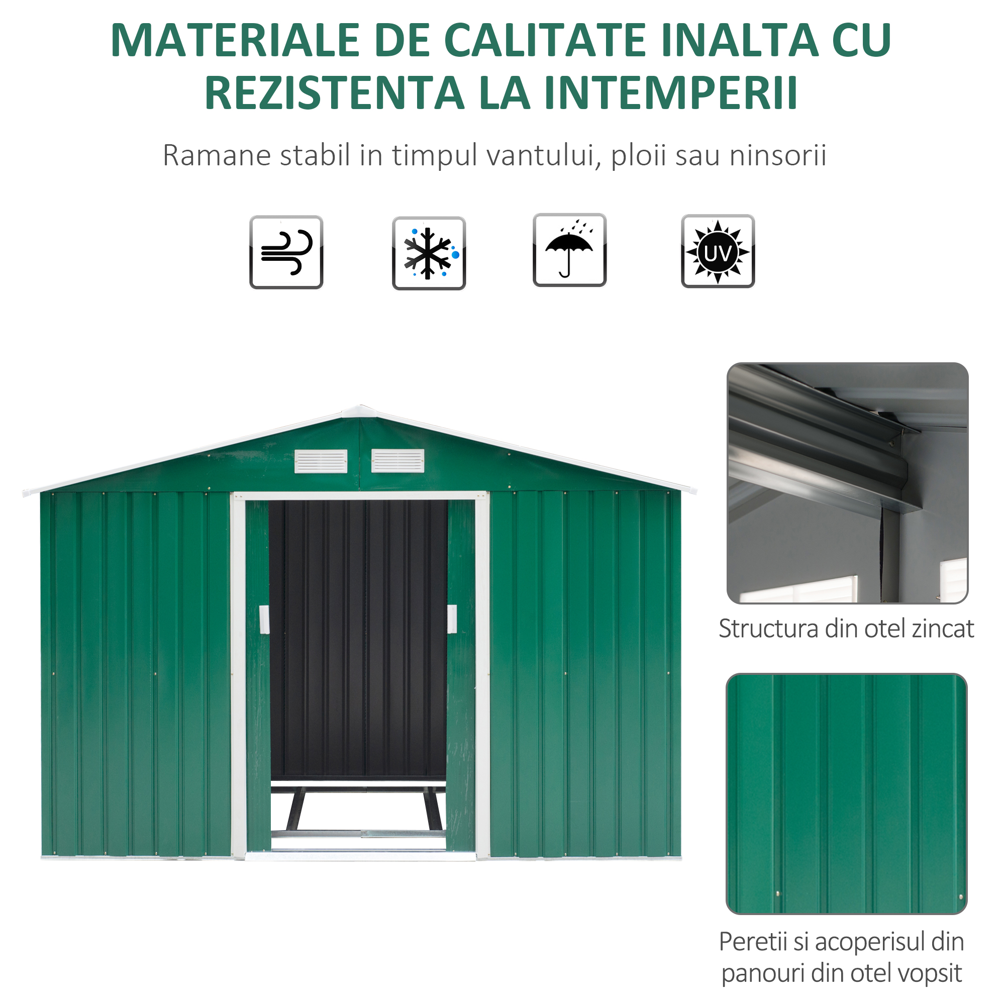  Casuta pentru unelte de gradina din metal, Magazie depozitare scule gradina, verde, 277×191×192 cm [5]
