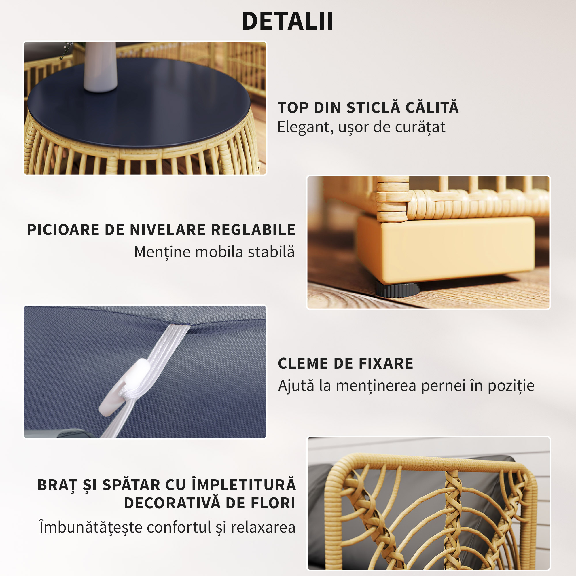  Set de Mobilier din Rachita de 5 Bucati, Gri [7]