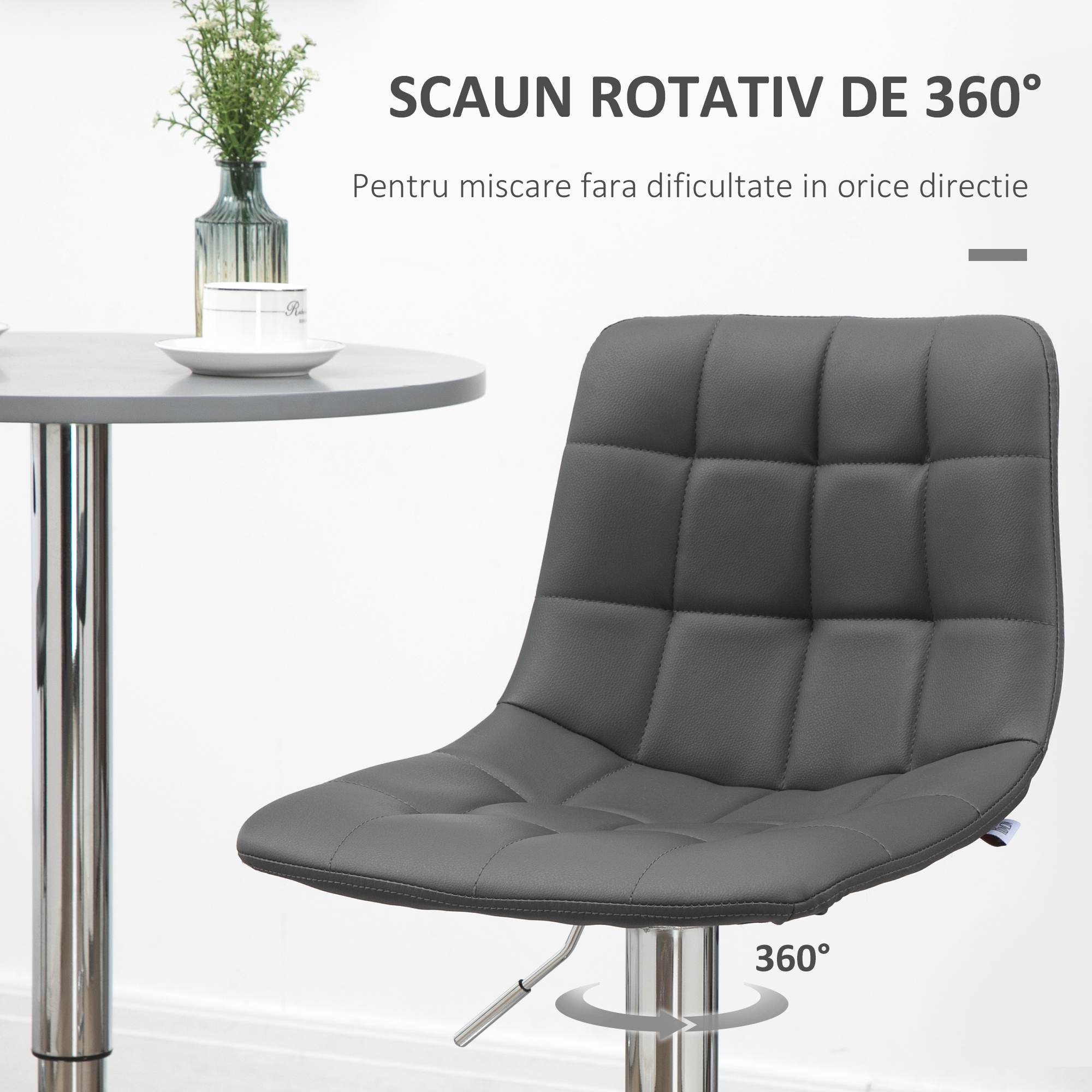  Set de 2 scaune de bar din piele cu spatar, scaune pivotante pentru bucatarie si sufragerie cu suport pentru picioare, 42x45x89-110cm, gri [5]