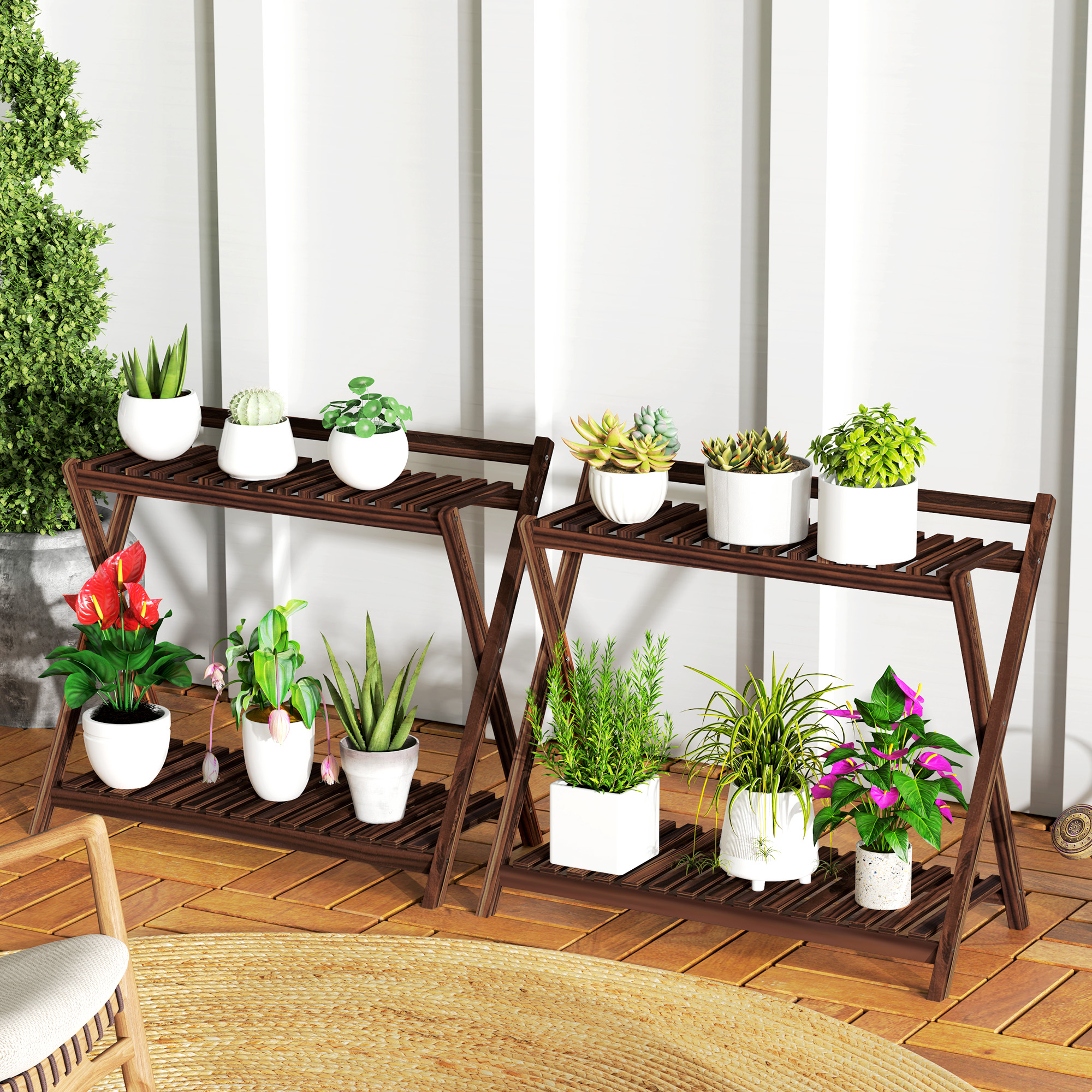  Set de 2 Suporturi pentru Plante cu 2 Niveluri, 73x36x64 cm, Maro [8]