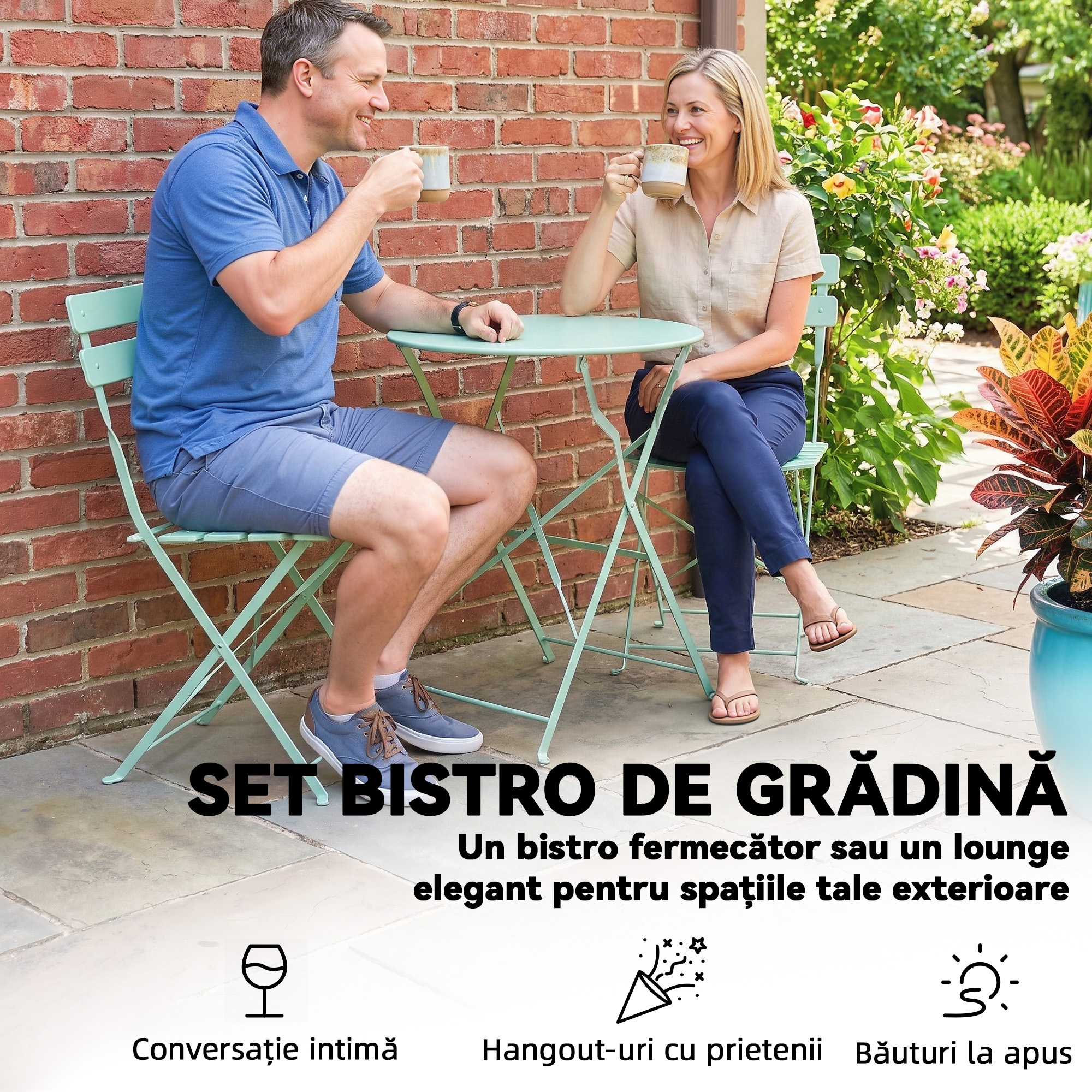  Set Gradina Bistro: Masa Rotunda si Scaune Pliabile pentru 2, Verde Deschis. [4]