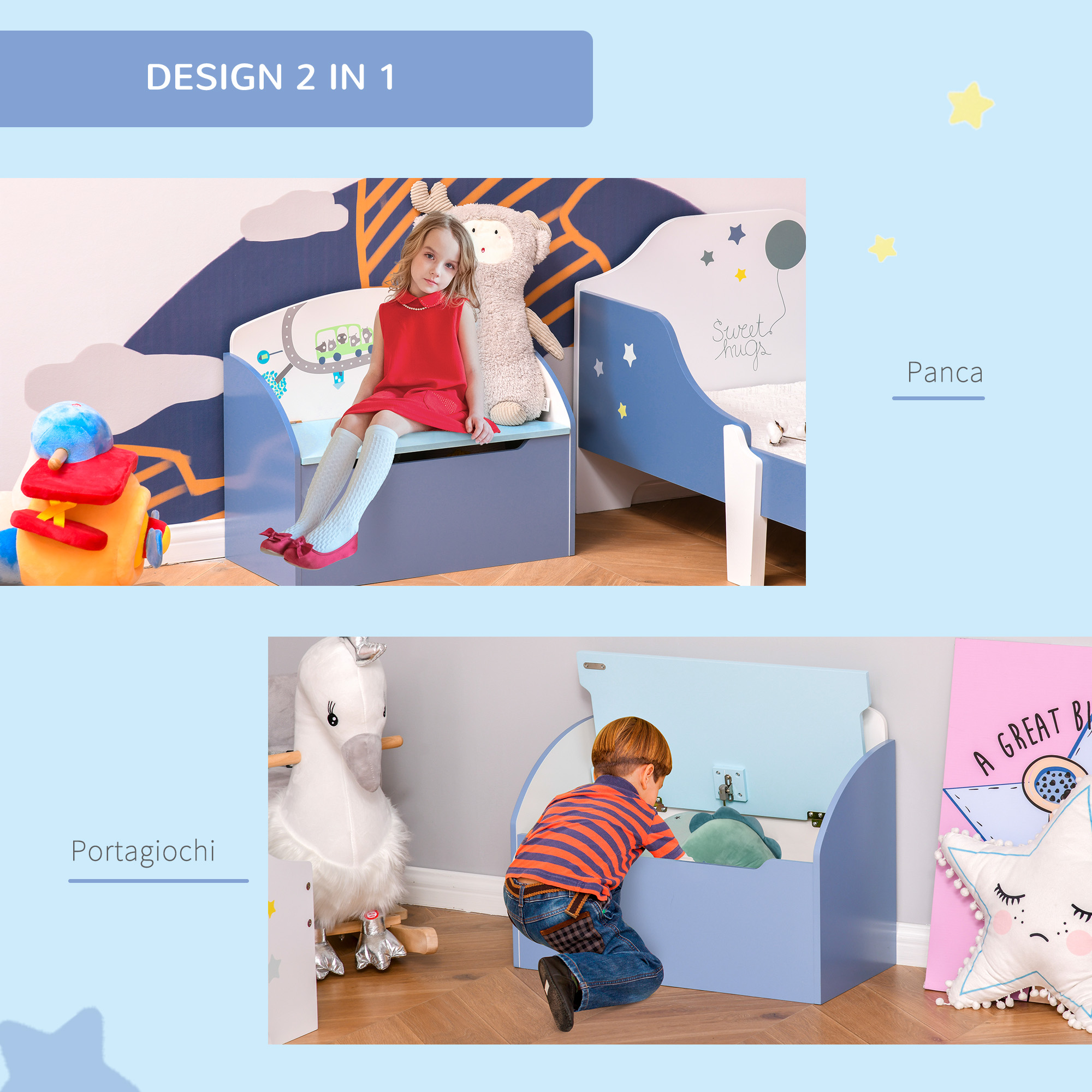  Cutie Depozitare Jucarii + Banca Albastru pentru Copii [6]