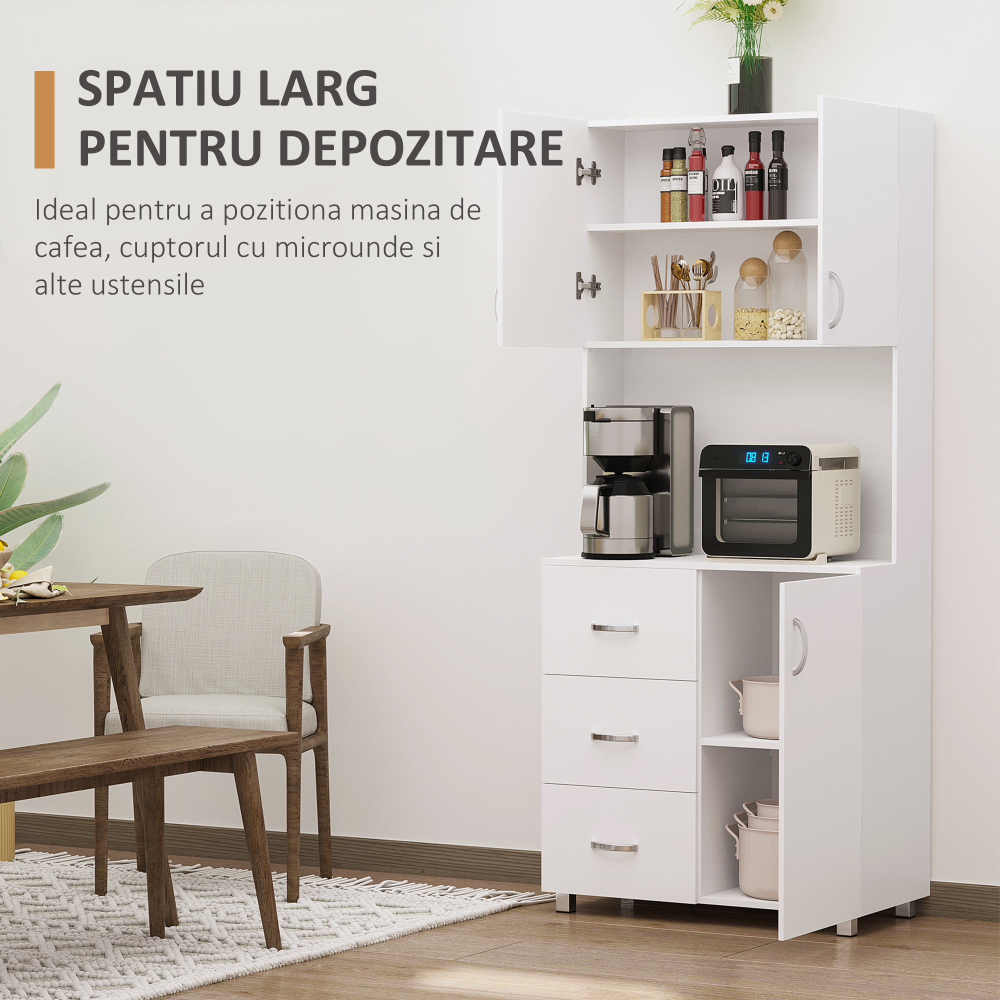  Bufet Lemn Alb - 2 Dulapuri, 3 Sertare & Raft Deschis [3]