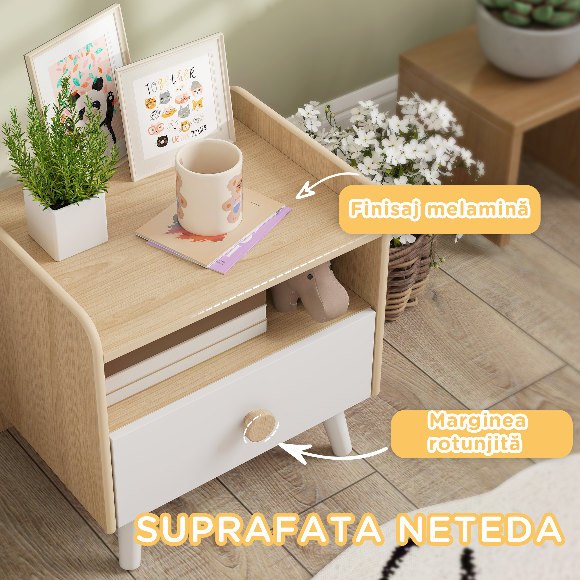  Noptiera cu Sertar pentru Copii 3-10 Ani, cu Design Minimalist pentru Dormitor, 40x32,5x40 cm, Lemn Natural [6]