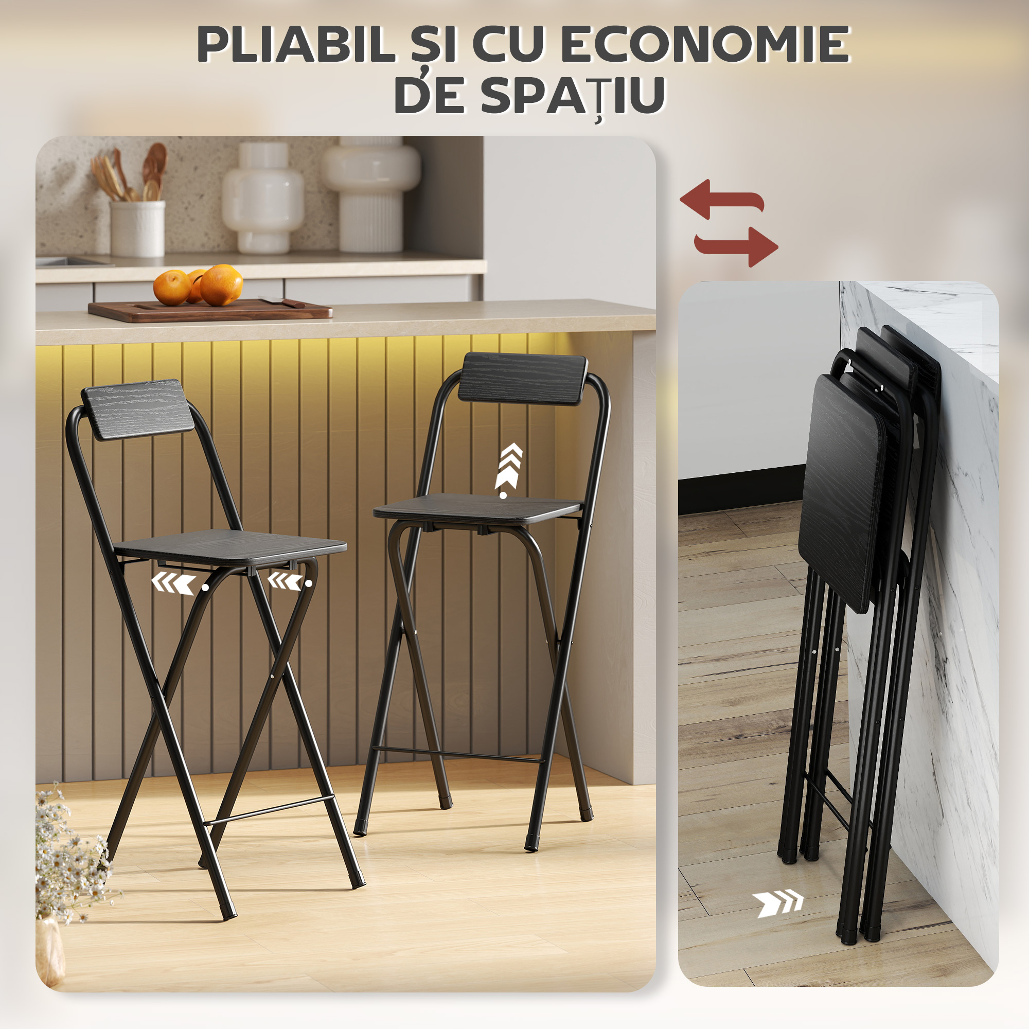  Set 2 Scaune de Bucatarie Pliabile cu Suport pentru Picioare din MDF si Otel Negru [3]