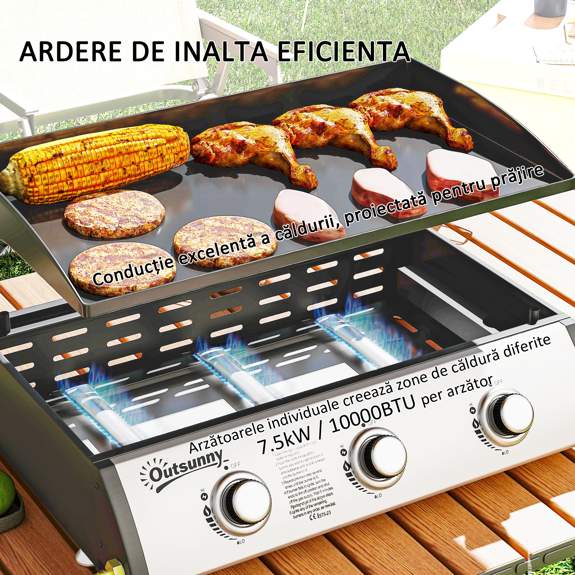  Plita pe Gaz din Otel Emailat cu 3 Arzatoare, Putere 7.5kW, 3 Zone de Gatit si Capac, Negru [3]