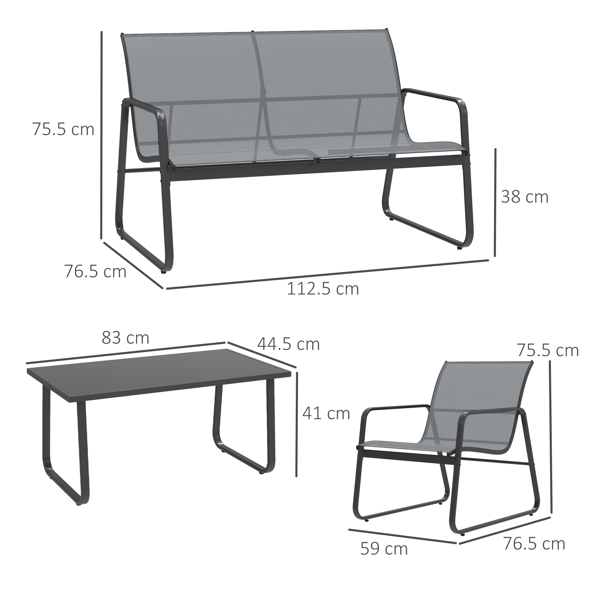  Set Mobilier de Gradina din 4 Piese, cu Banca de Exterior cu 2 Locuri, 2 Scaune si Masuta de Cafea cu Blat din Sticla Securizata, Set Mobilier de Exterior din Metal si Textilena, Gri Deschis [2]