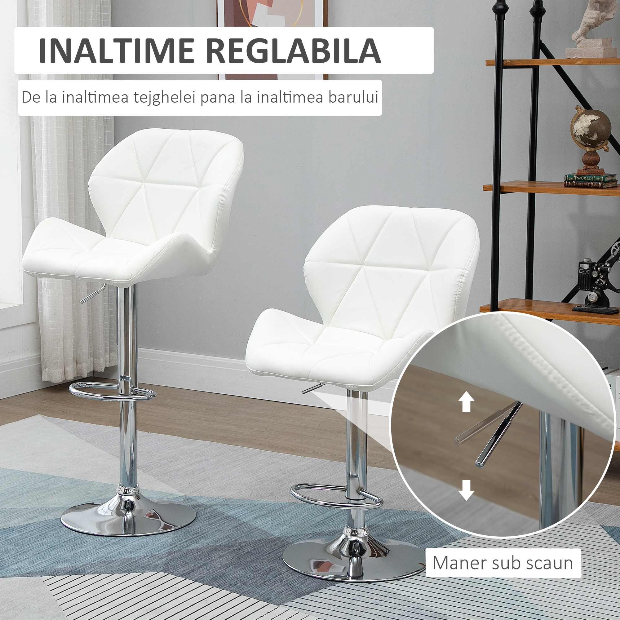  Set 2 Scaune Bar Reglabile, pentru bar si bucatarie, din Piele PU,51,5 x 57,5 x 93-114,5 cm, Alba [3]