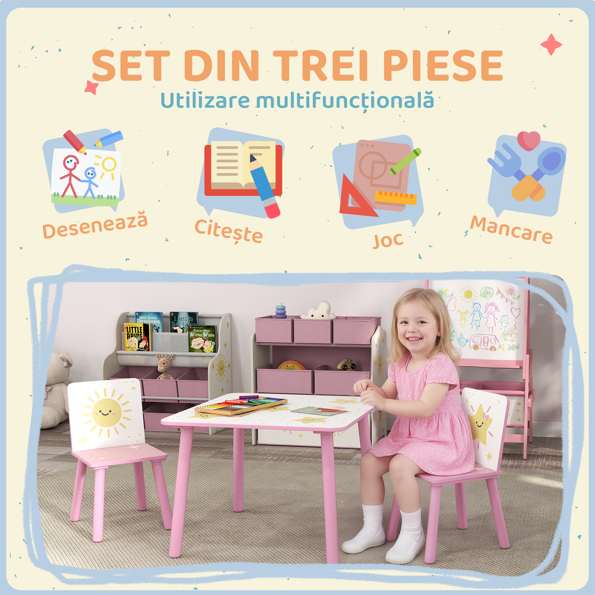  Set de 3 piese cu masa si scaune pentru copii, Masa cu 2 scaune pentru dormitor, gradinita, sala de jocuri, Roz [3]