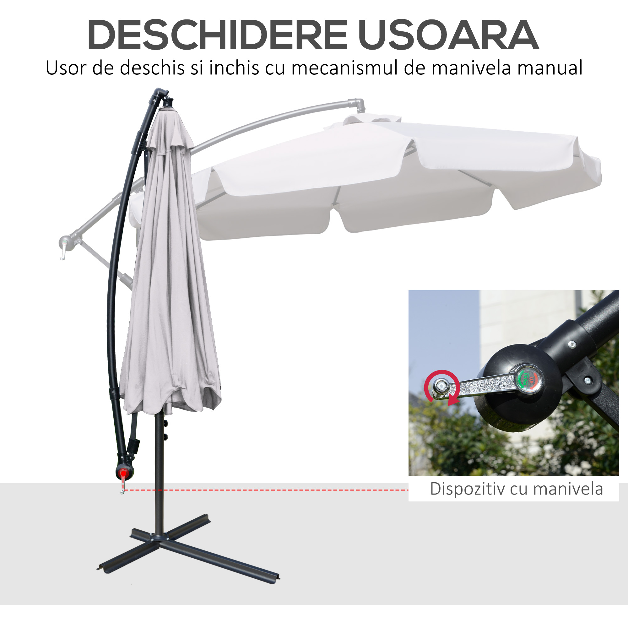  Umbrela de gradina suspendata cu deschidere cu manivela, din metal si poliester, Ø2,7x2,7 m, gri [3]