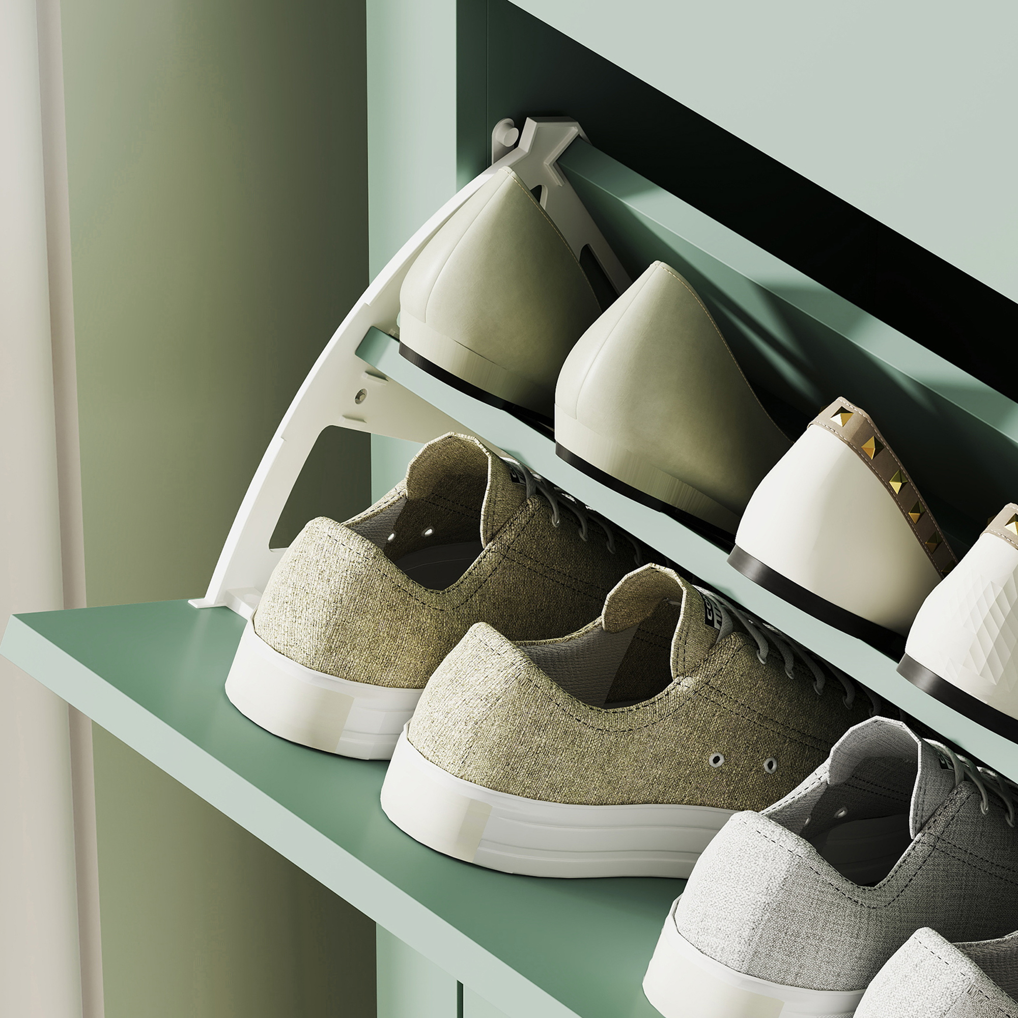  Pantofar cu 2 Sertare Rabatabile pentru 14 Perechi de Pantofi si Rafturi Reglabile, 80x24x95.5 cm, Verde [8]