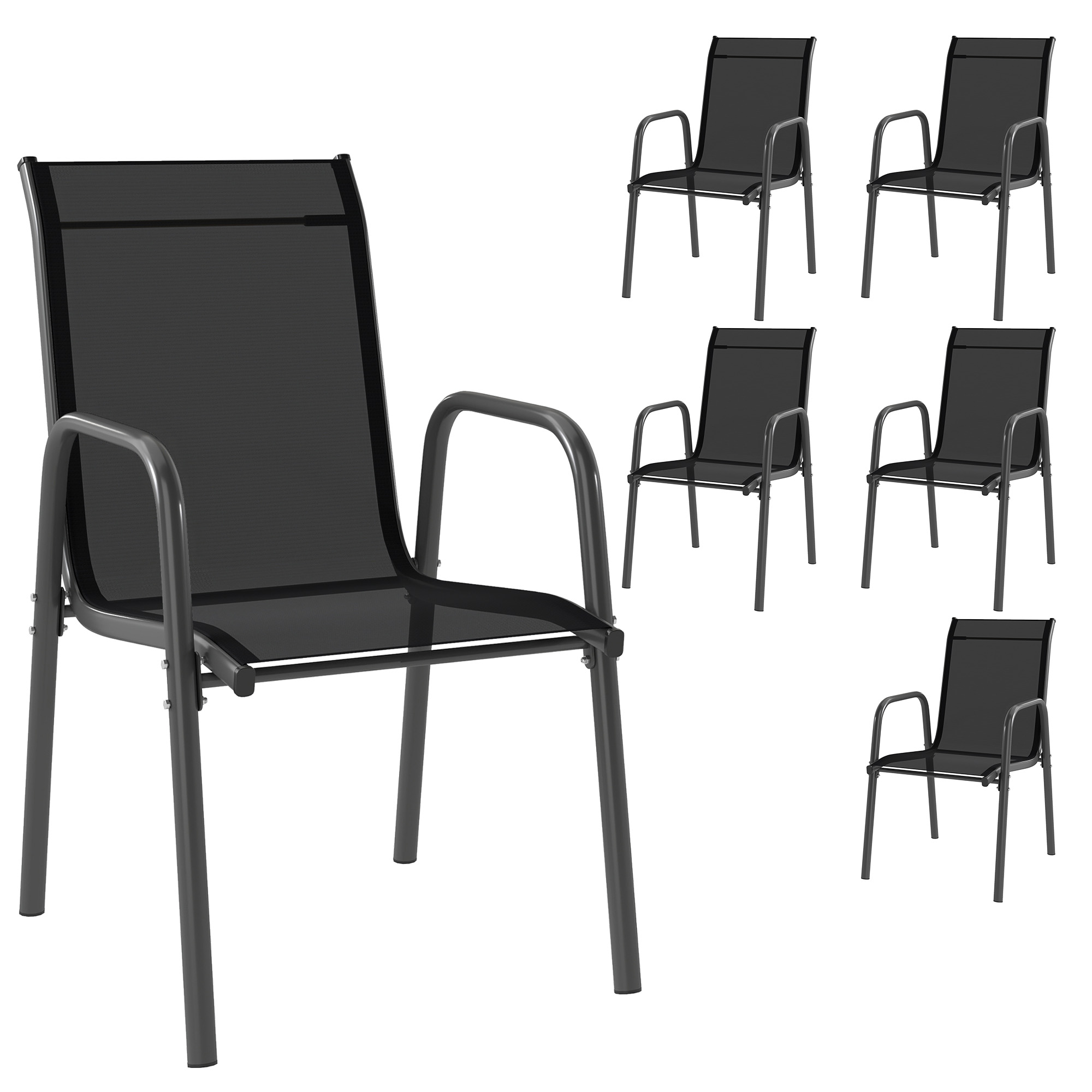 Gradina & balcon -  Set 6 Scaune Empilabile si Respirabile cu Cotiere si Spatar inalt, din Metal si Poliester, 51L x 69A x 87i cm, Negru