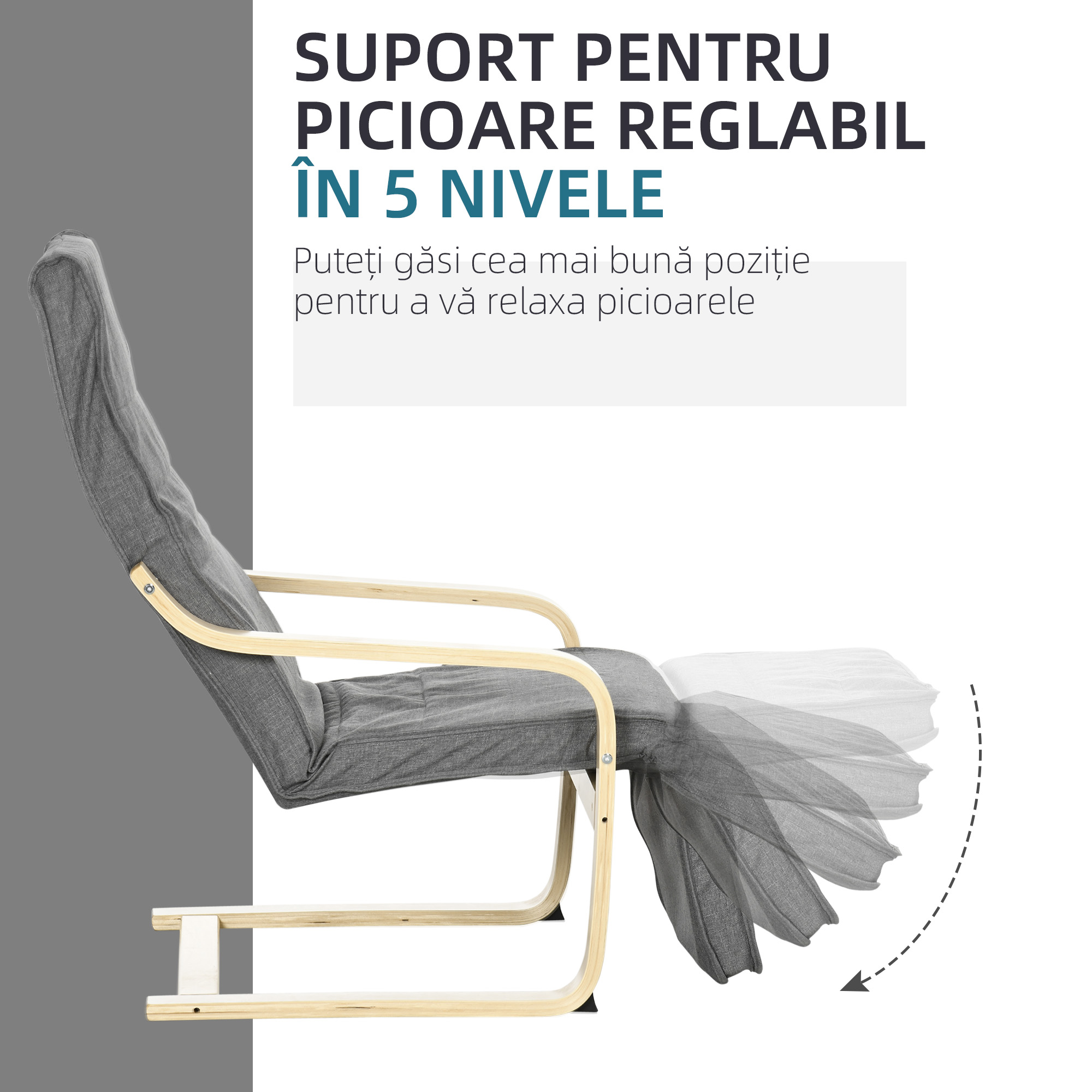  Fotoliu Relax cu Suport pentru Picioare, 5 Niveluri si Tetiera din Lemn de Mesteacan si tesatura, Gri [3]