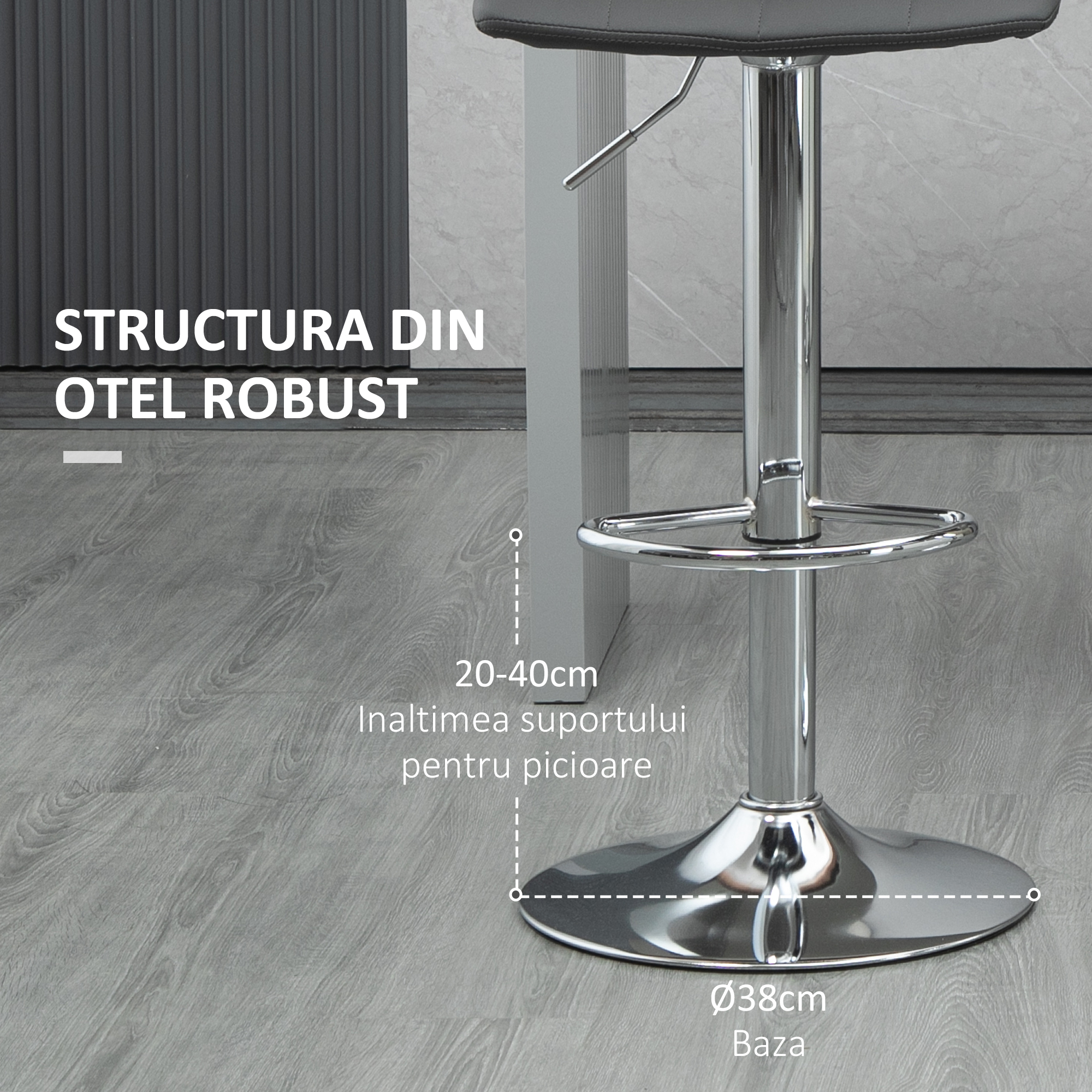  Set de 2 scaune de bar din piele cu spatar, scaune pivotante pentru bucatarie si sufragerie cu suport pentru picioare, 42x45x89-110cm, gri [6]