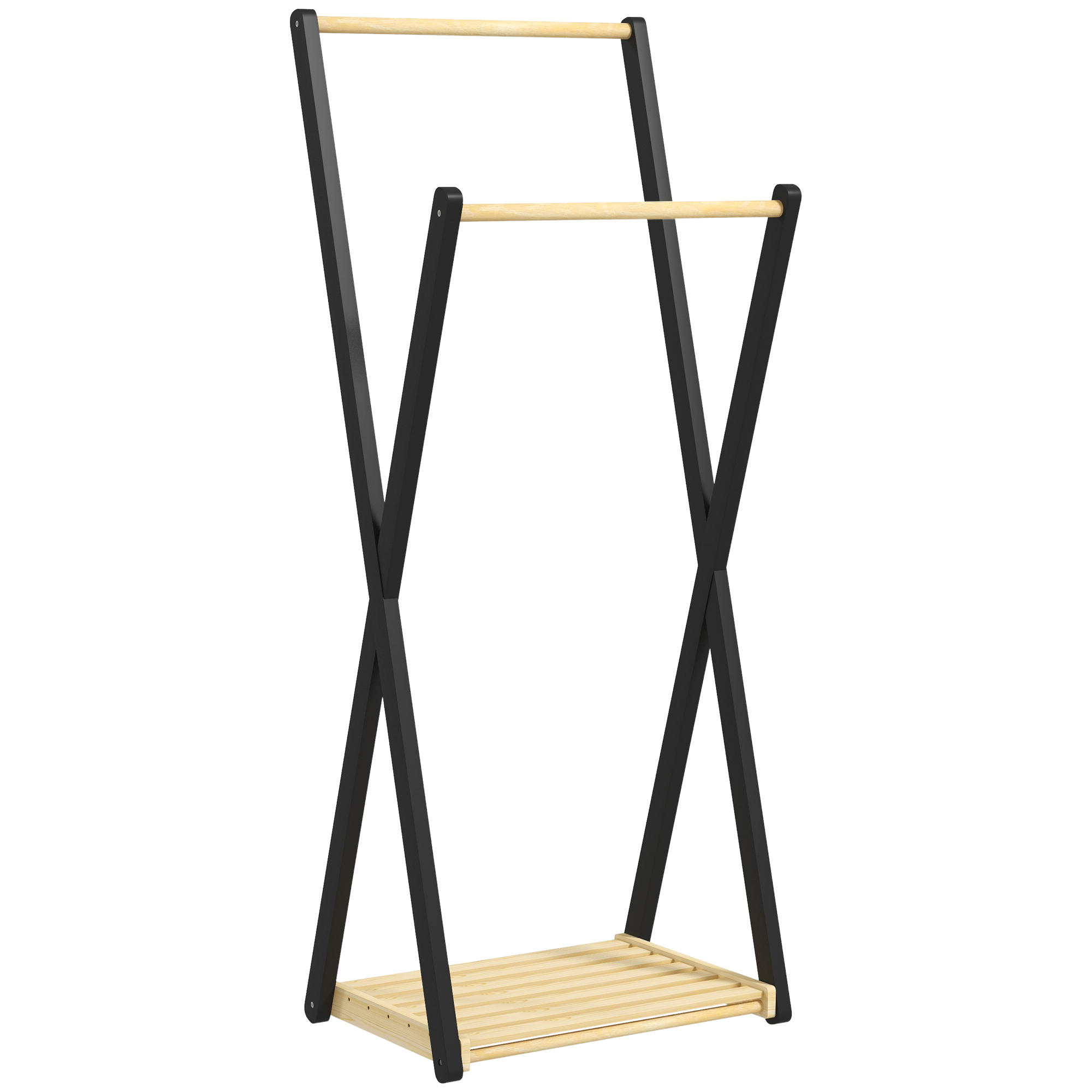 Living & hol -  Cuier de Podea din Lemn cu 2 Bare, Suport pentru Haine Autoportant Modern cu Raft Inferior, 61x45x152 cm, Natural