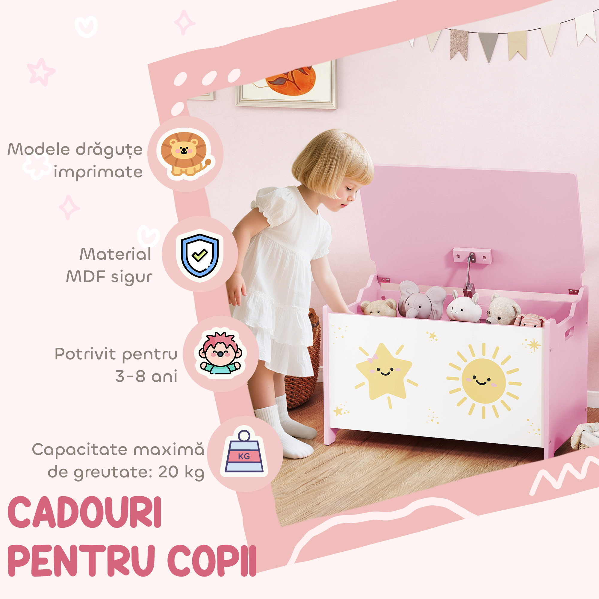  Cutie pentru Jucarii cu Capac, Balama de Siguranta si Manere Groove, Organizator pentru Depozitarea Jucariilor pentru Copii, Camera de Zi, Sala de Joaca, Roz [6]