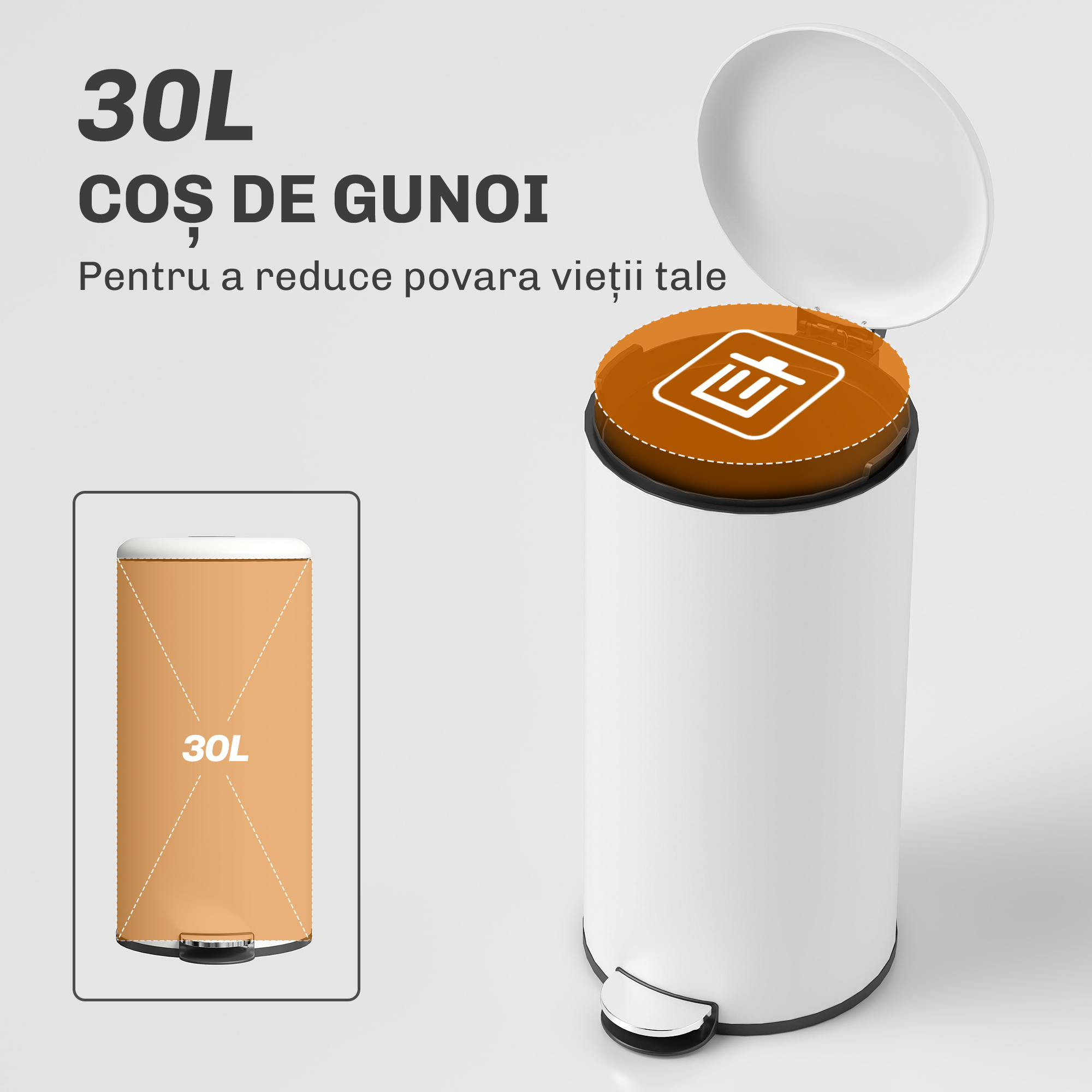 Cos de Gunoi cu Pedala 30L, cu Capac cu inchidere Lenta, din Metal si PP, 36x30x63.5 cm, Alb Crem [3]
