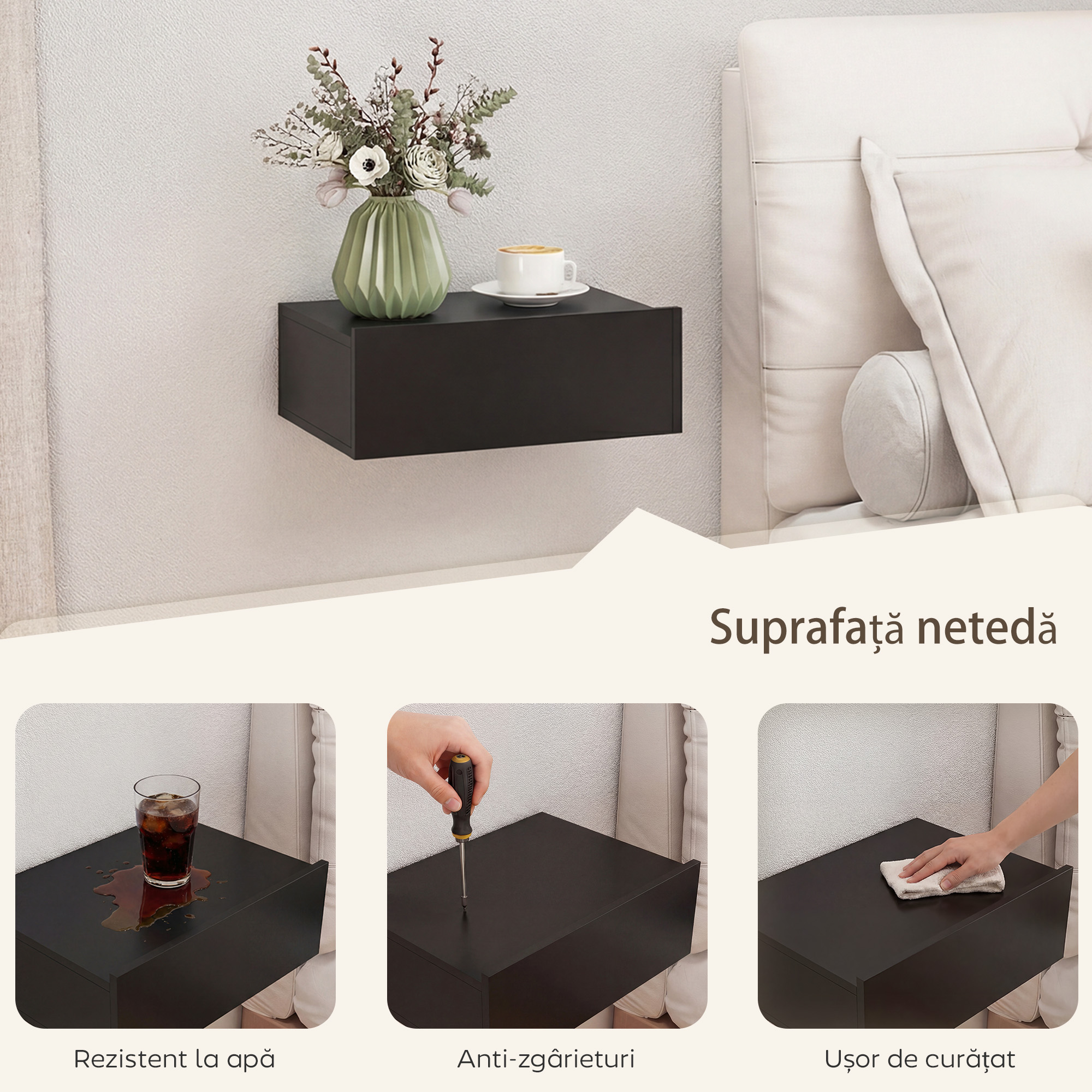  Set de 2 Noptiere Suspendate Moderne cu Sertar din Lemn, 40x30x15 cm, Negru [5]