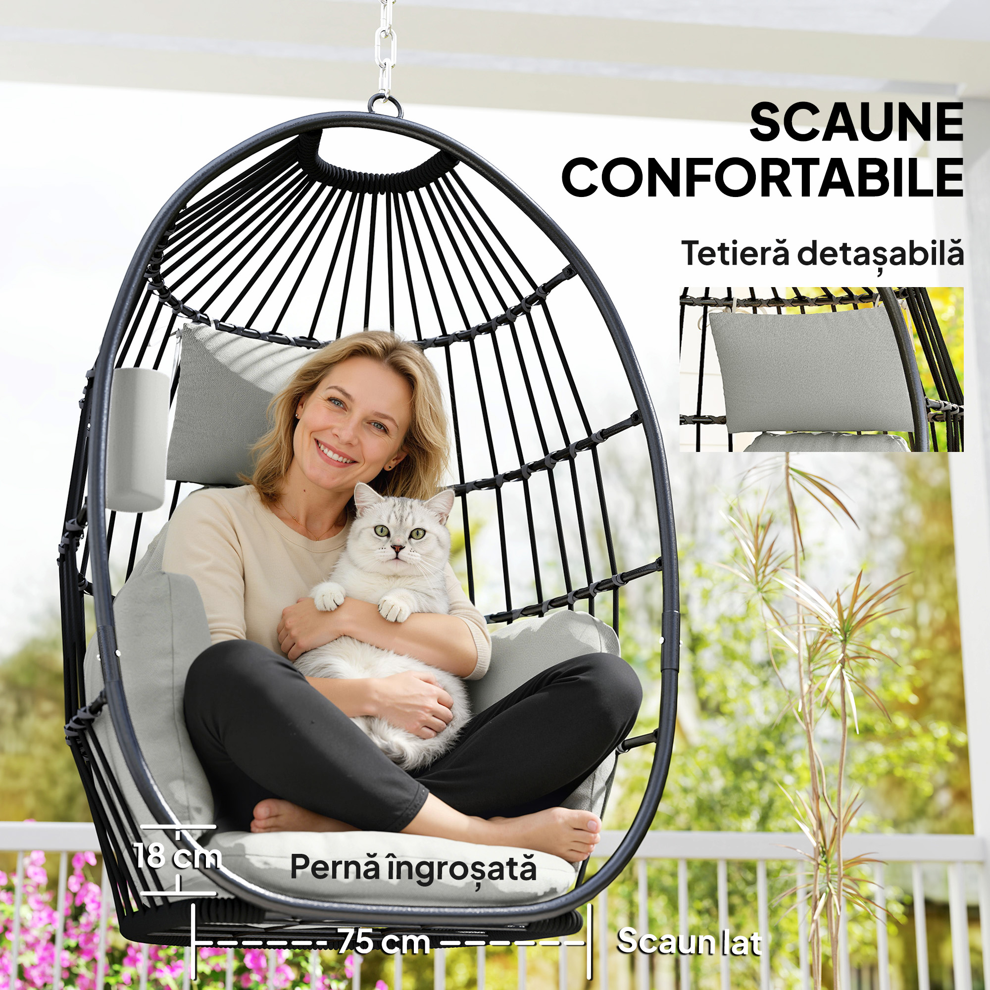  Scaun Suspendat in Forma de Ou cu Agatatoare, Perna Moale, Tetiera, Suport pentru Pahare, Scaun Pliabil de Gradina din Otel, pentru Interior si Exterior, 75x62x107 cm, Gri [5]