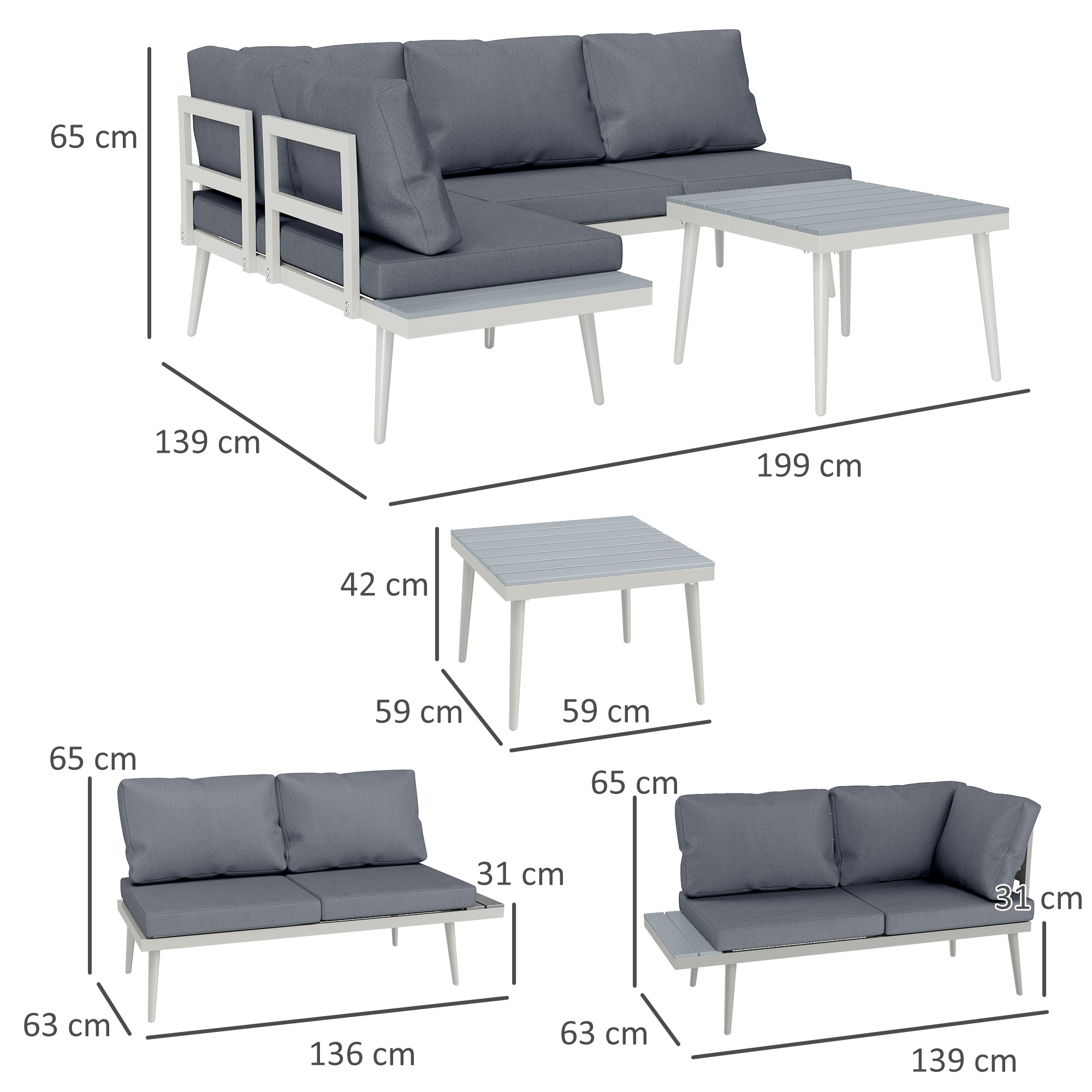  Set Mobilier de Gradina din 3 Piese cu 2 Canapele cu Spatar Reglabil in 5 Pozitii si Masuta, 139x63x65 cm, Gri [2]