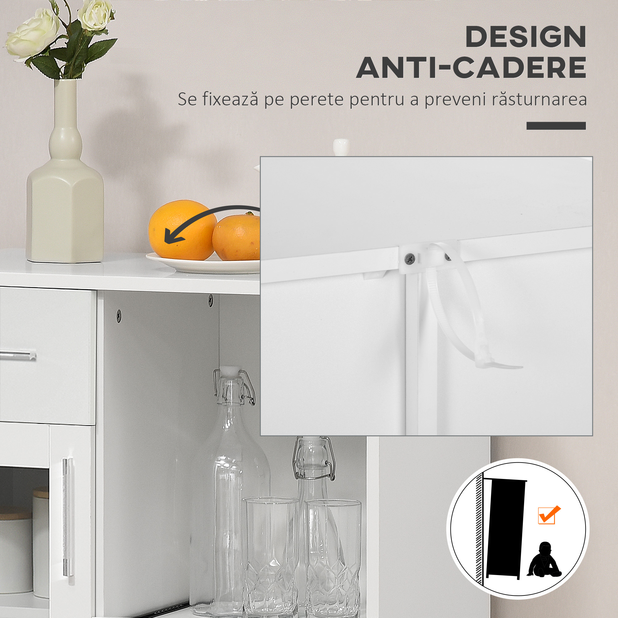  Bufet modern cu dulapuri si sertar, dulap de bucatarie cu economie de spatiu din lemn si sticla 60x40x95cm, alb [5]