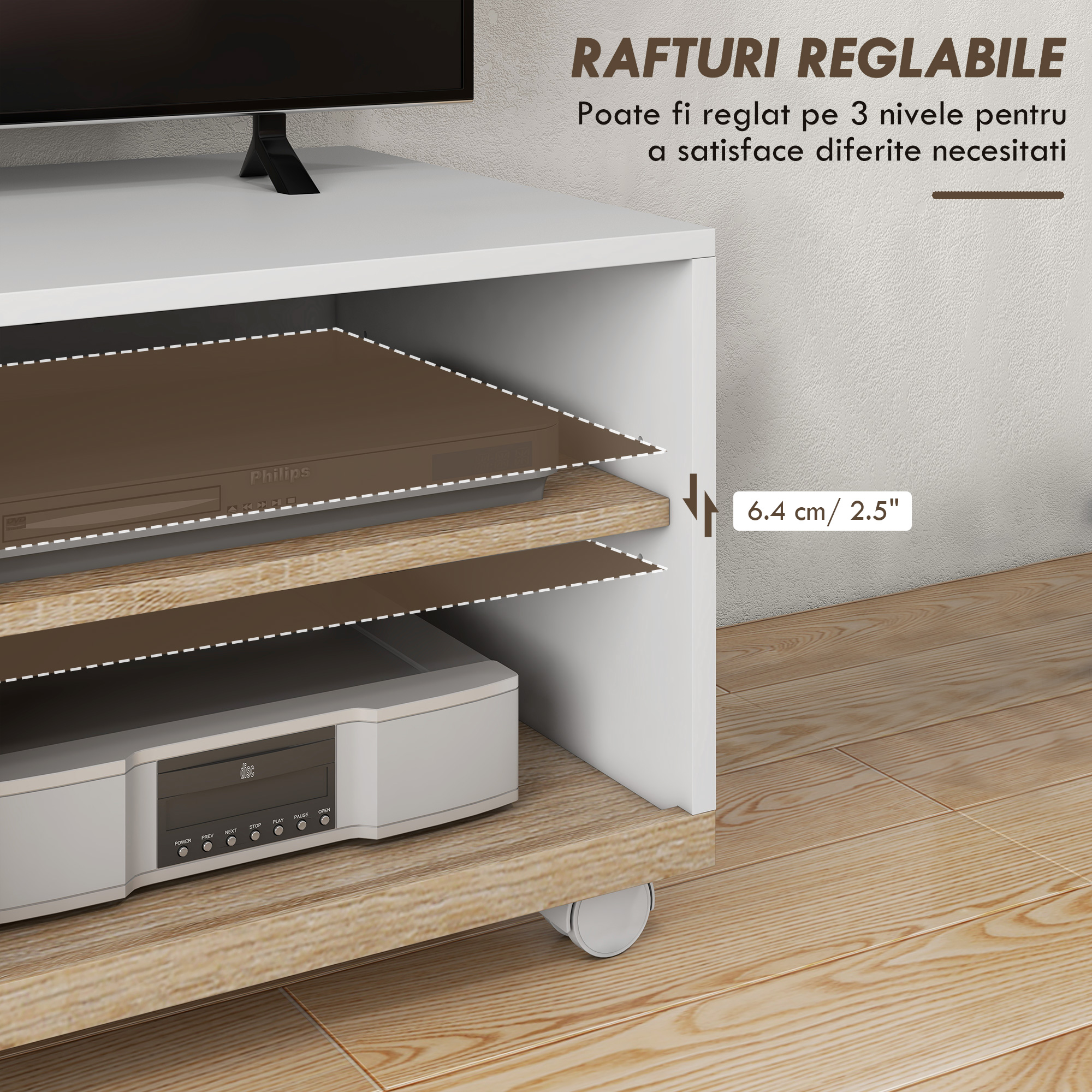  Dulap TV 42" Max cu 2 Rafturi deschise si Usa, Dulap TV Jos din PAL cu Roti, 80x45x39.5 cm, Alb [6]