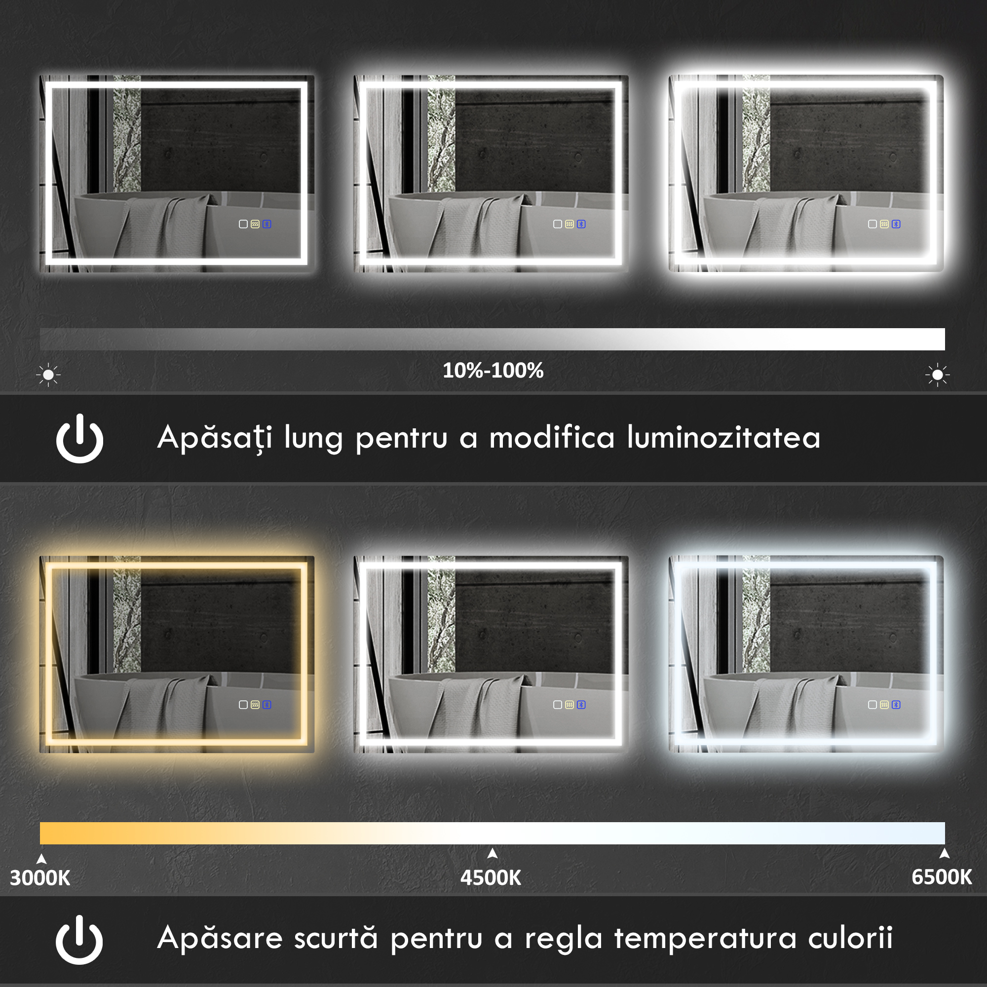  Oglinda Baie cu LED, Antiaburire si Boxa Bluetooth, 80x100 cm, Touch si Functie Memorie [5]