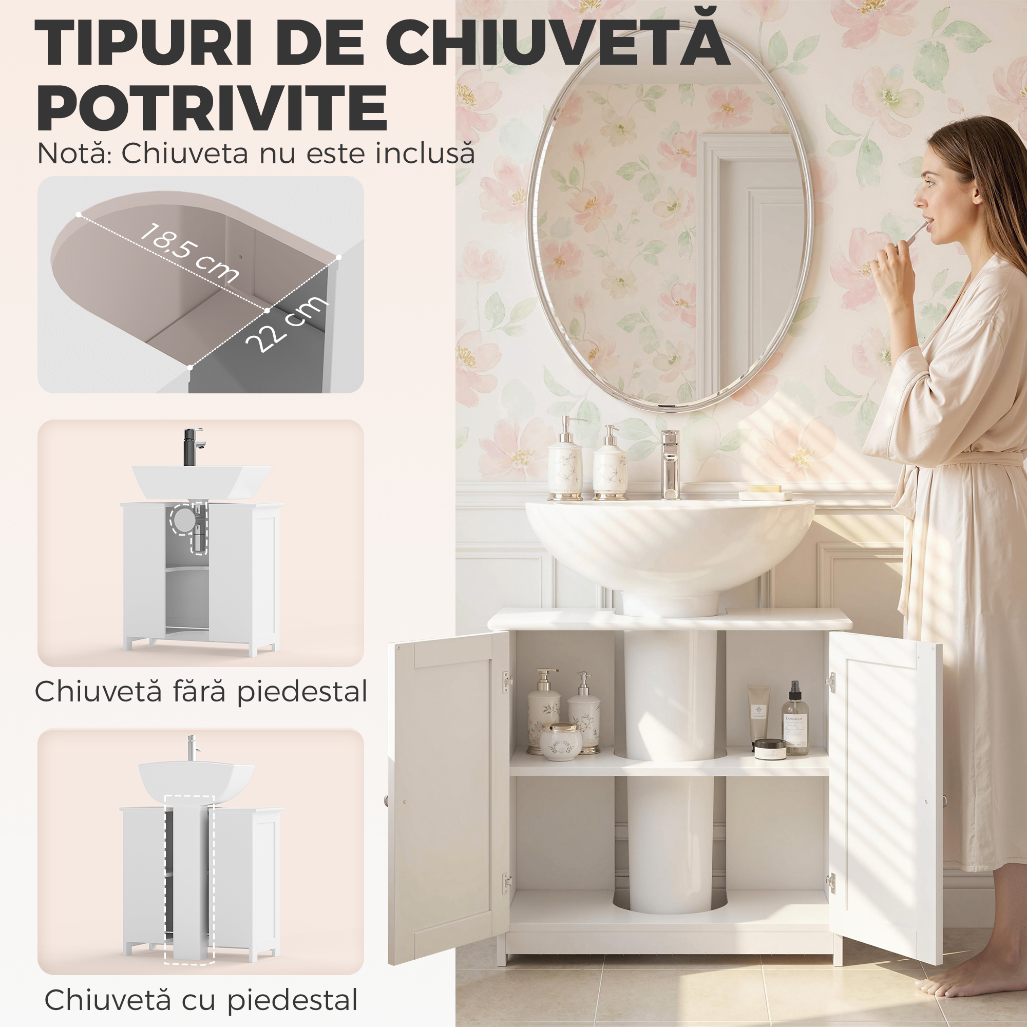  Dulap Sub Chiuveta cu 2 Usi, Raft Reglabil si Decupaj in Forma de U, 60x30x60 cm, Alb [3]