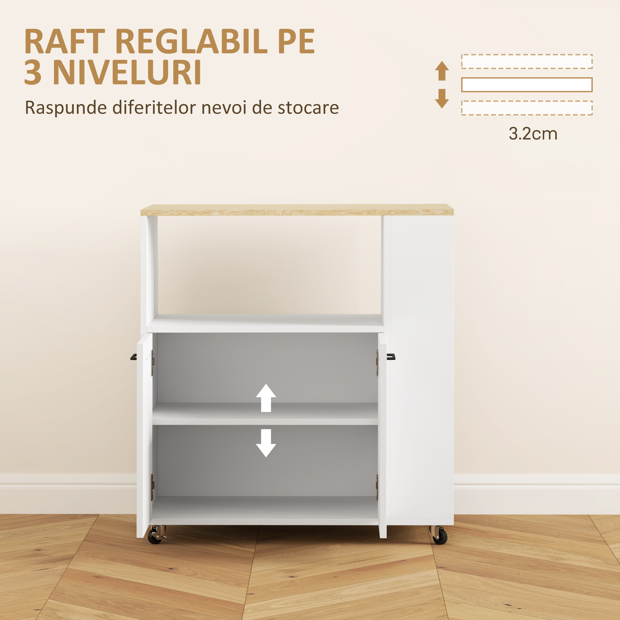  Carucior de Bucatarie din Lemn cu Raft Deschis, Dulap si Raft Lateral, 75x40x80,5 cm, Culoare Stejar si Alb [5]