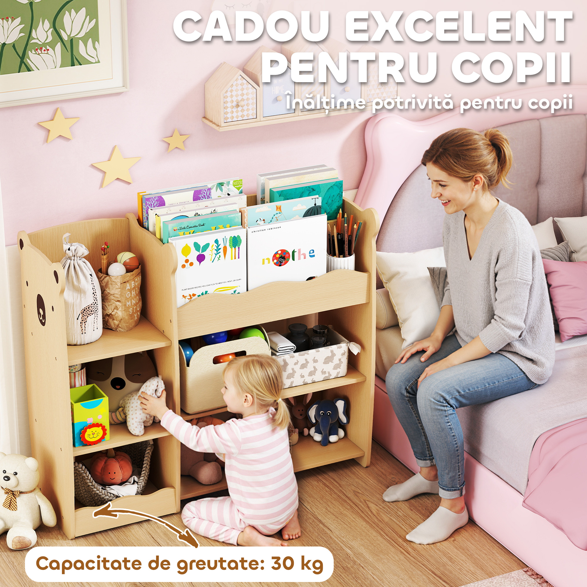  Raft pentru Jucarii pentru Copii de 3-8 Ani cu Rafturi Deschise si Compartimente, din Lemn, 92x29x79 cm, culoare Lemn [6]