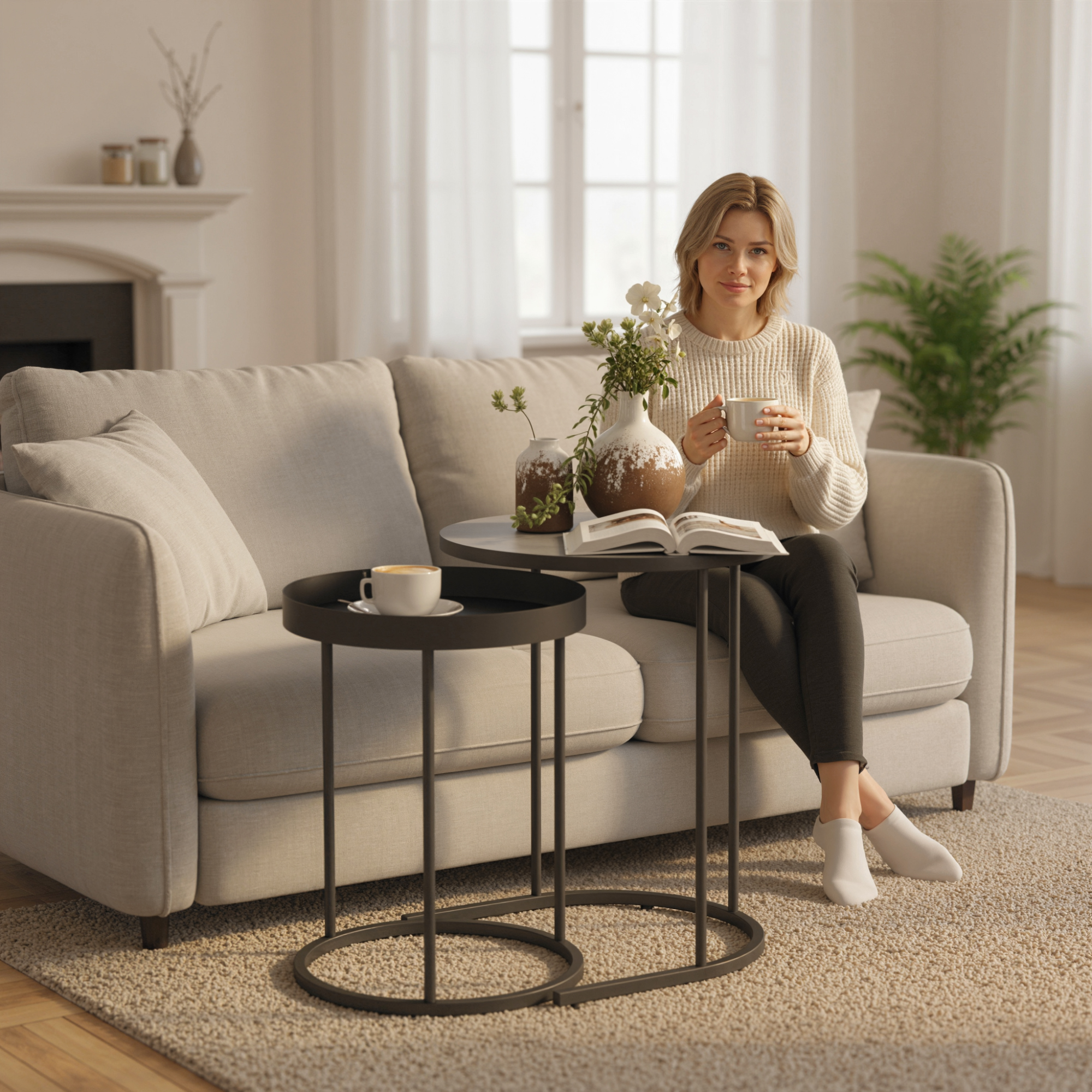  Set Rotund de Masute de Cafea Stivuibile - Gri [8]