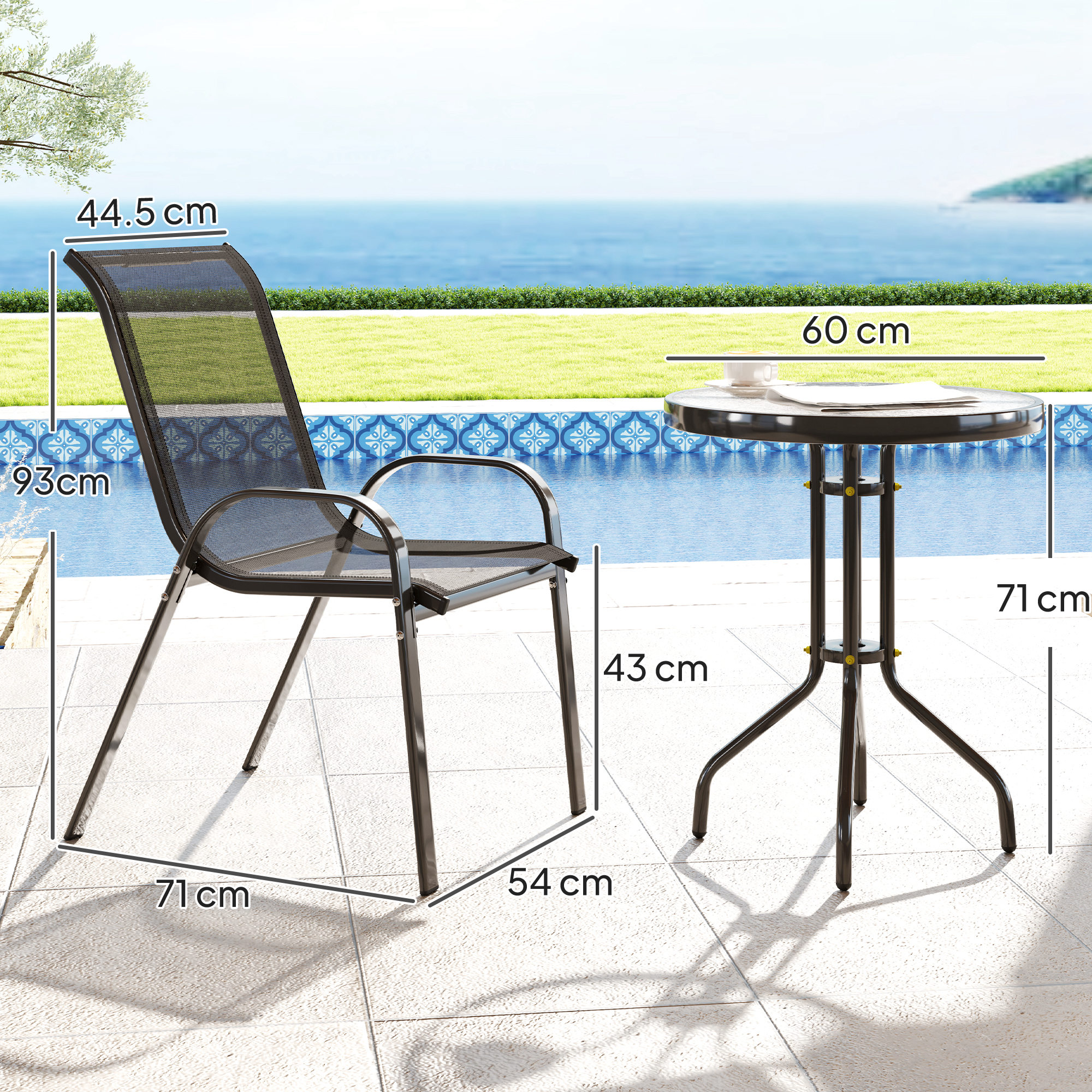  Set de Gradina 3 Piese cu 2 Scaune de Gradina 54x71x93 cm si Masuta Rotunda Ø60x71 cm din Otel Negru [2]