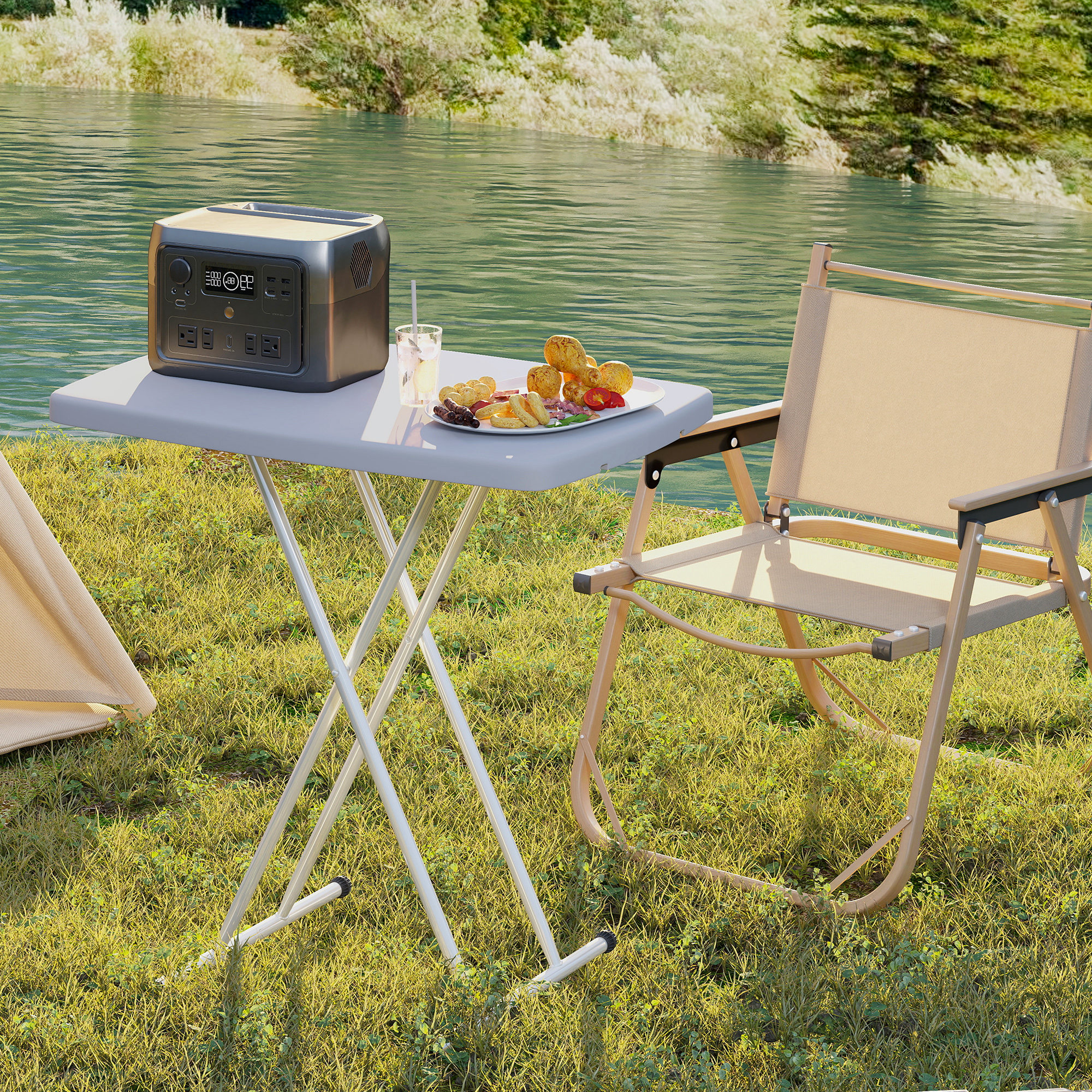  Masuta de Cafea Pliabila, Reglabila pe inaltime si Portabila, cu Blat HDPE si Cadru Metalic, 76x50x74 cm, Alb [8]