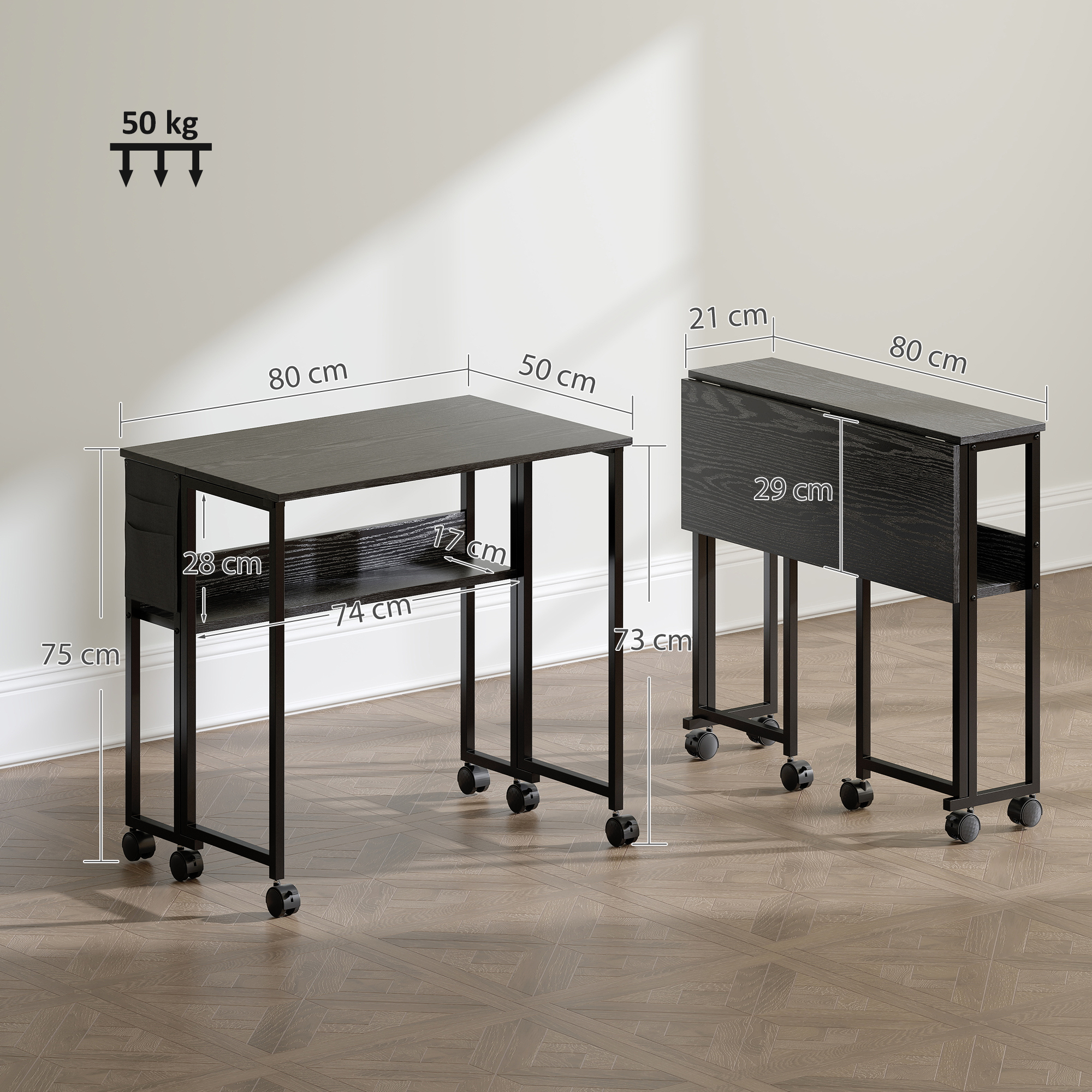  Birou Pliabil cu Blat Rabatabil, Raft, Buzunar si Roti, Negru [2]