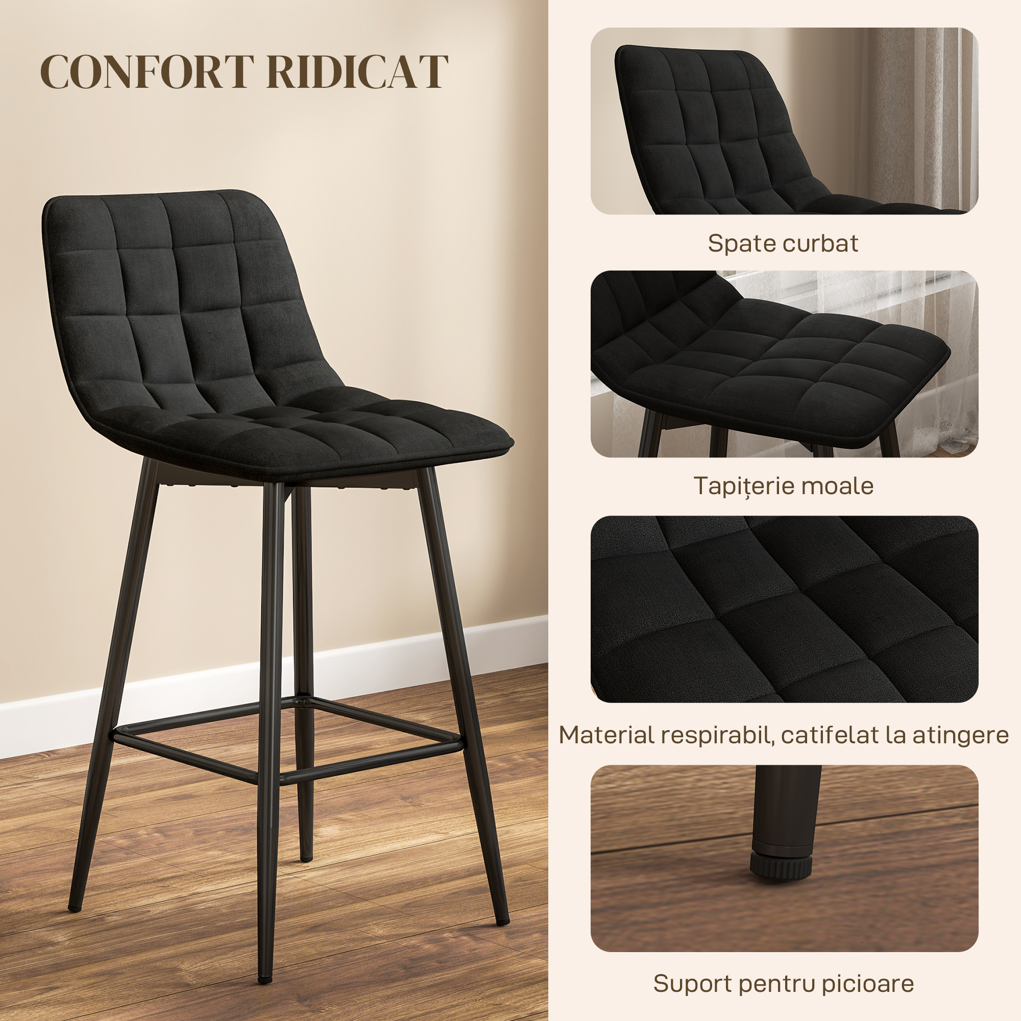  Set 2 Scaune de Bucatarie Stil Nordic din Material Textil cu Efect de Catifea si Metal, 45x47x84 cm, Negru [4]