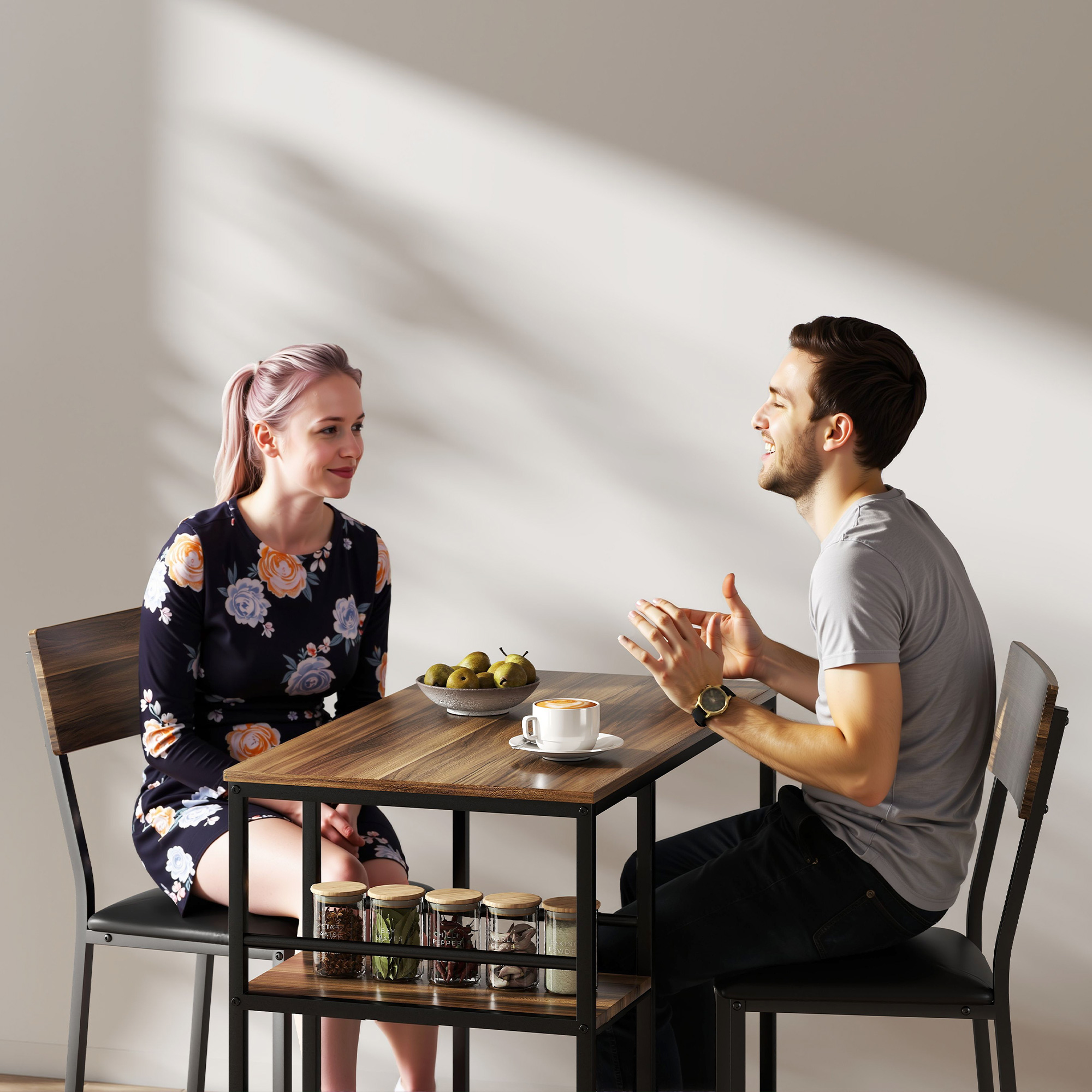  Masa de bar cu 3 rafturi si 2 scaune cu suport pentru picioare si spatar, din lemn si otel, negru si culoare nuc [8]